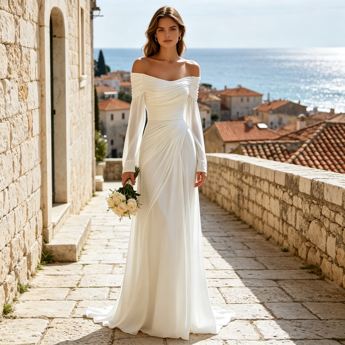 Elegantes Schulterfreies Maxikleid mit Drapierung & Langarm in Weiß