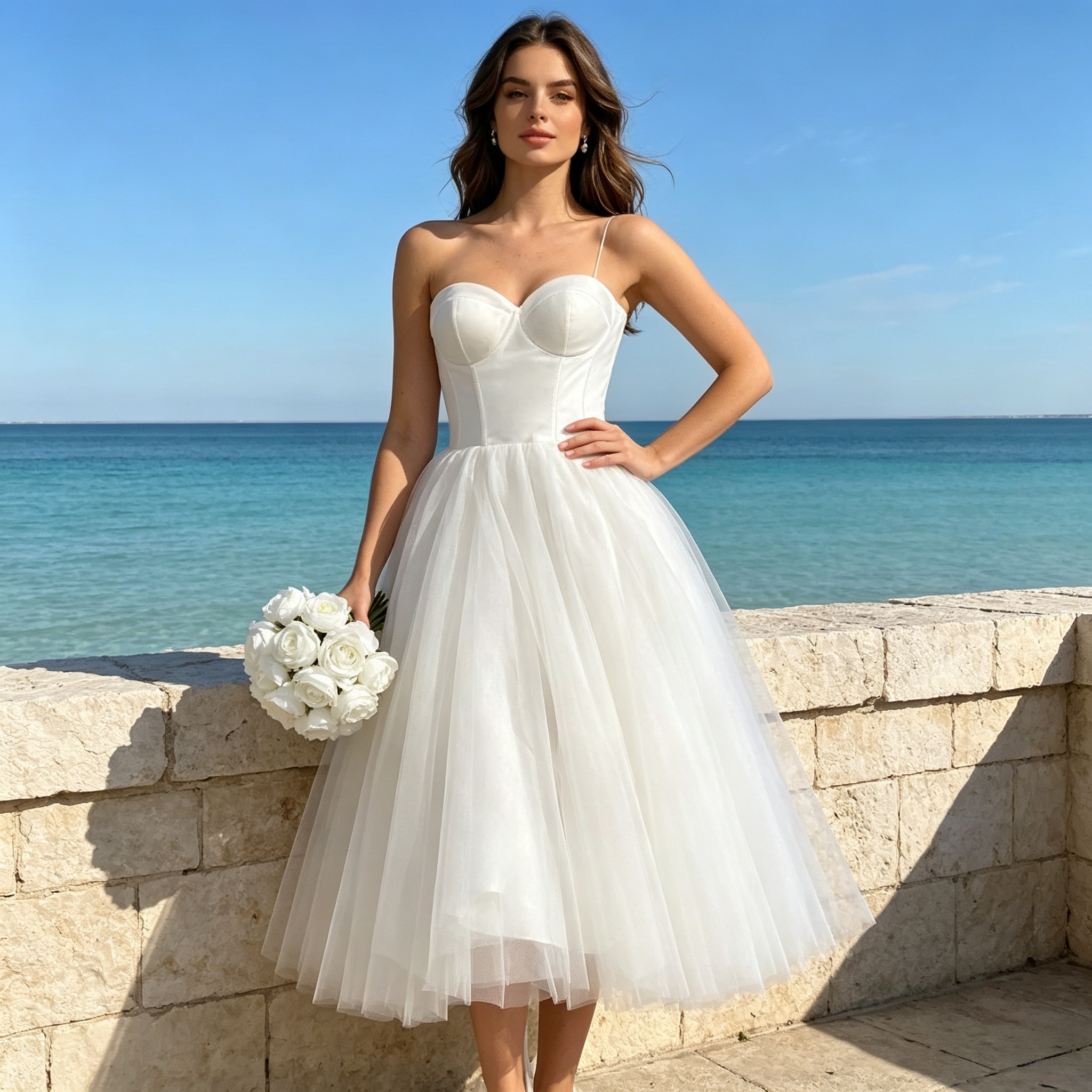 BHstyle Elegantes Damen Midi Festkleid mit Corsagen-Oberteil & Tüllrock – Spaghettiträger, Elfenbein