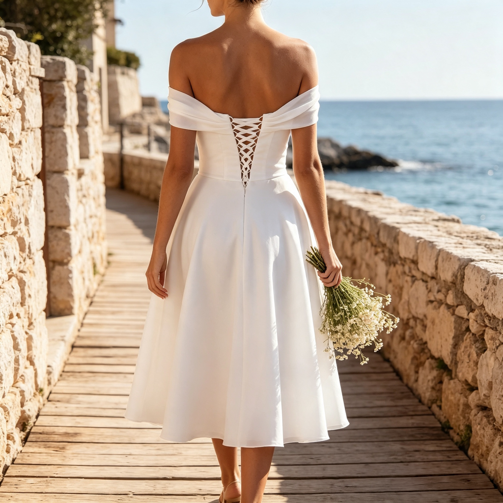 BHstyle Off‑Shoulder Midikleid für Damen, figurbetontes festliches Kleid mit Schlitz in Cremeweiß