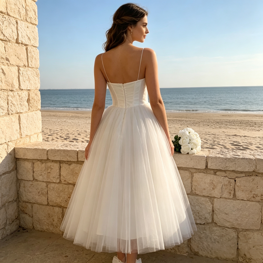 BHstyle Elegantes Damen Midi Festkleid mit Corsagen-Oberteil & Tüllrock – Spaghettiträger, Elfenbein
