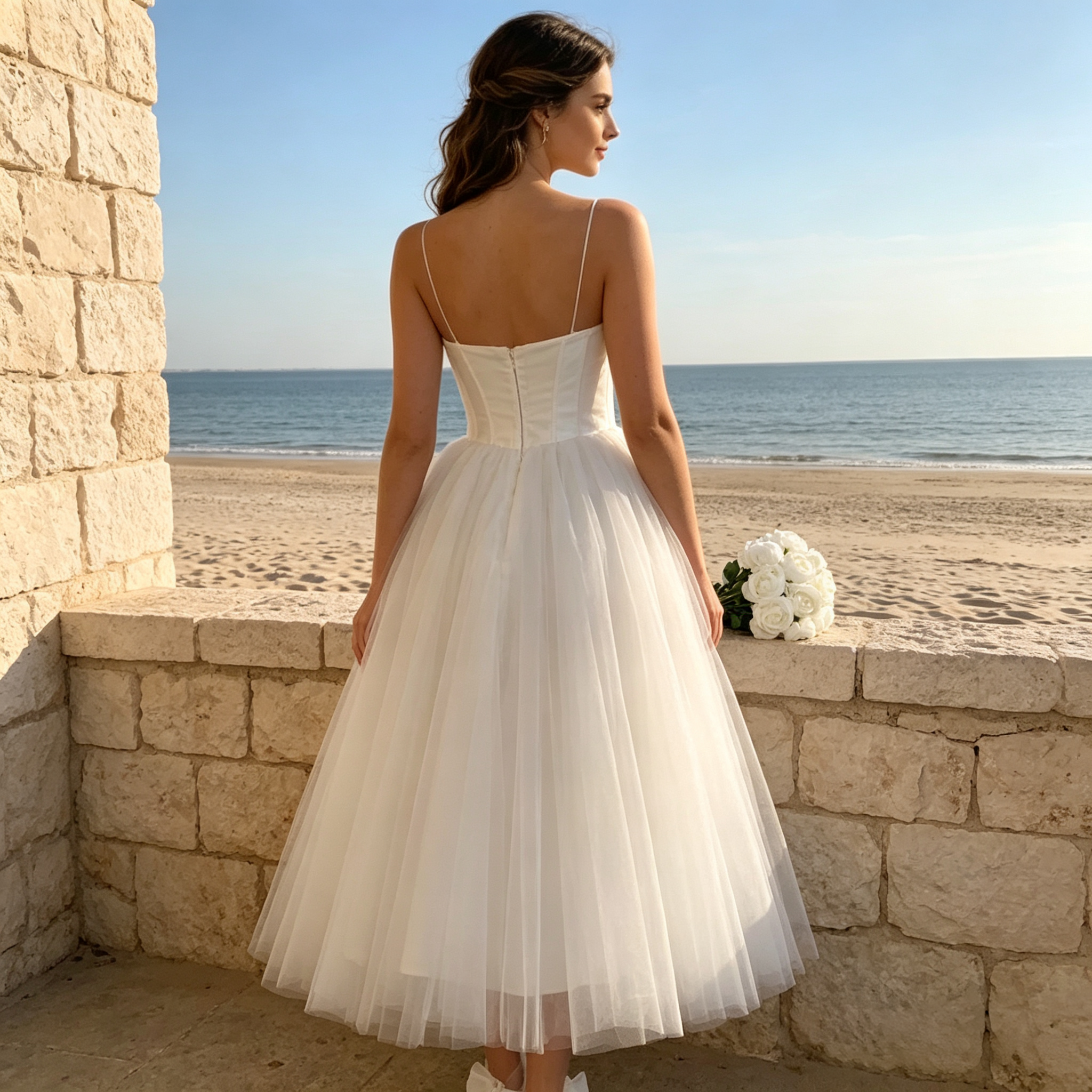 BHstyle Elegantes Damen Midi Festkleid mit Corsagen-Oberteil & Tüllrock – Spaghettiträger, Elfenbein