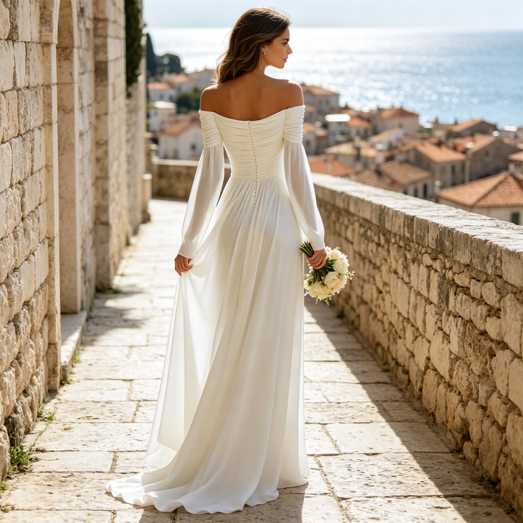 Elegantes Schulterfreies Maxikleid mit Drapierung & Langarm in Weiß