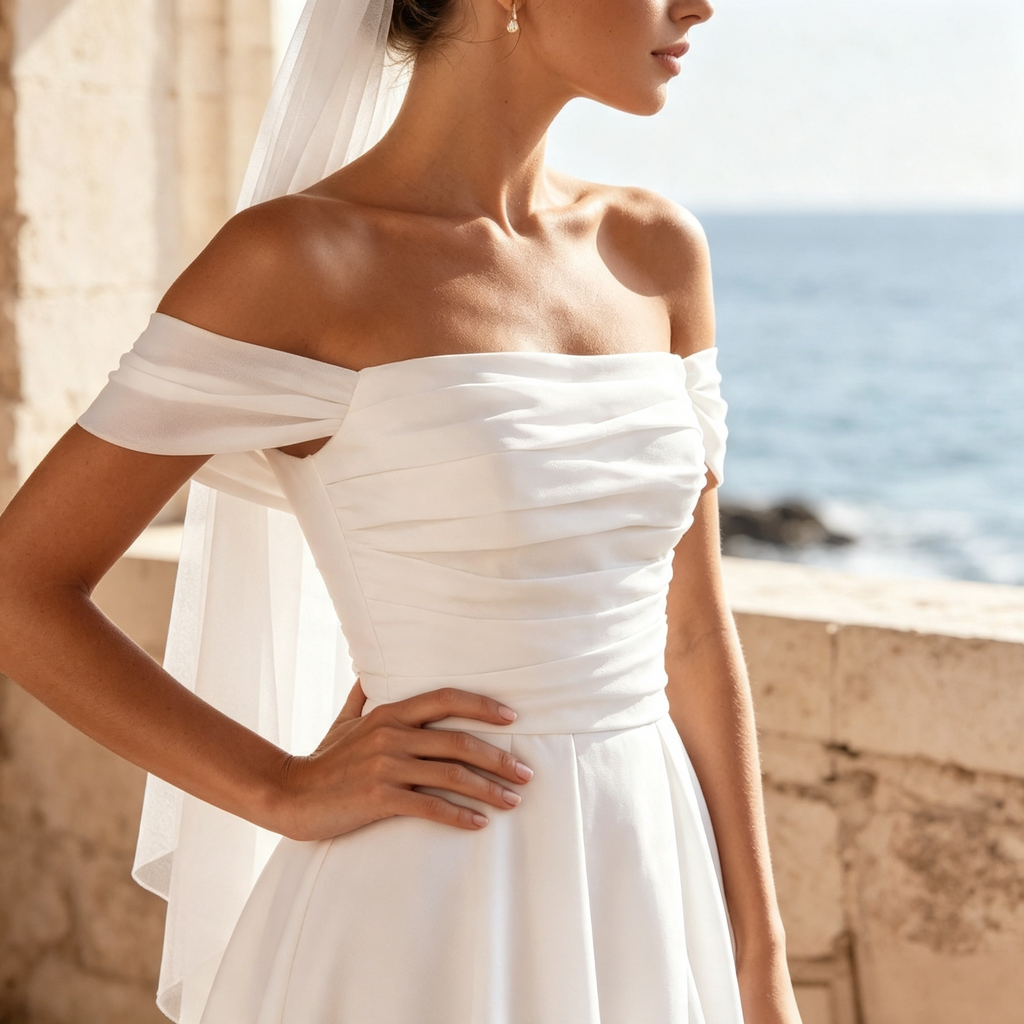 BHstyle Off‑Shoulder Midikleid für Damen, figurbetontes festliches Kleid mit Schlitz in Cremeweiß