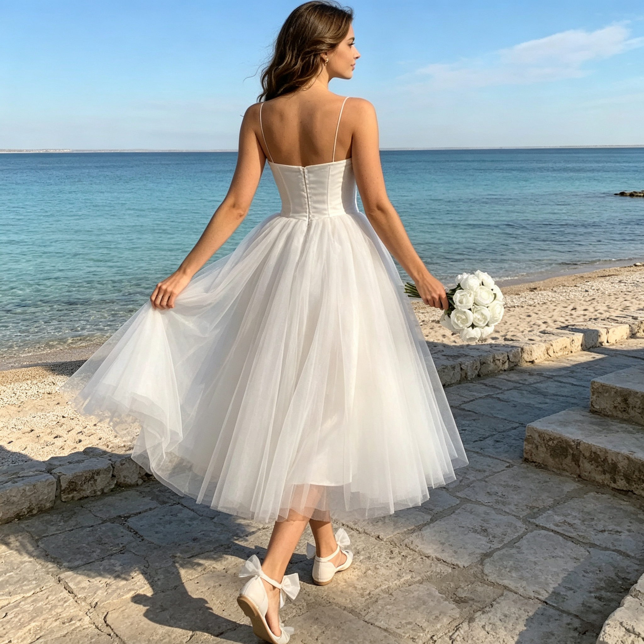 BHstyle Elegantes Damen Midi Festkleid mit Corsagen-Oberteil & Tüllrock – Spaghettiträger, Elfenbein