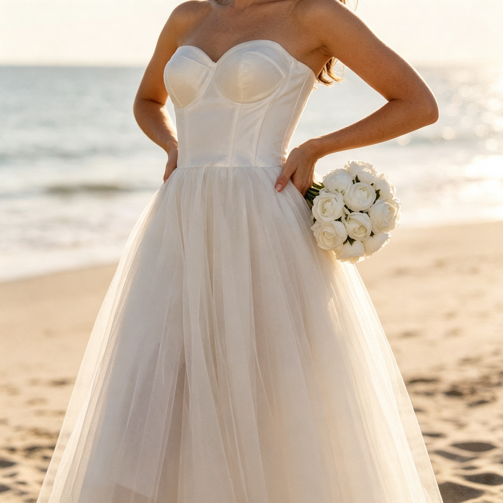 BHstyle Elegantes Damen Midi Festkleid mit Corsagen-Oberteil & Tüllrock – Spaghettiträger, Elfenbein