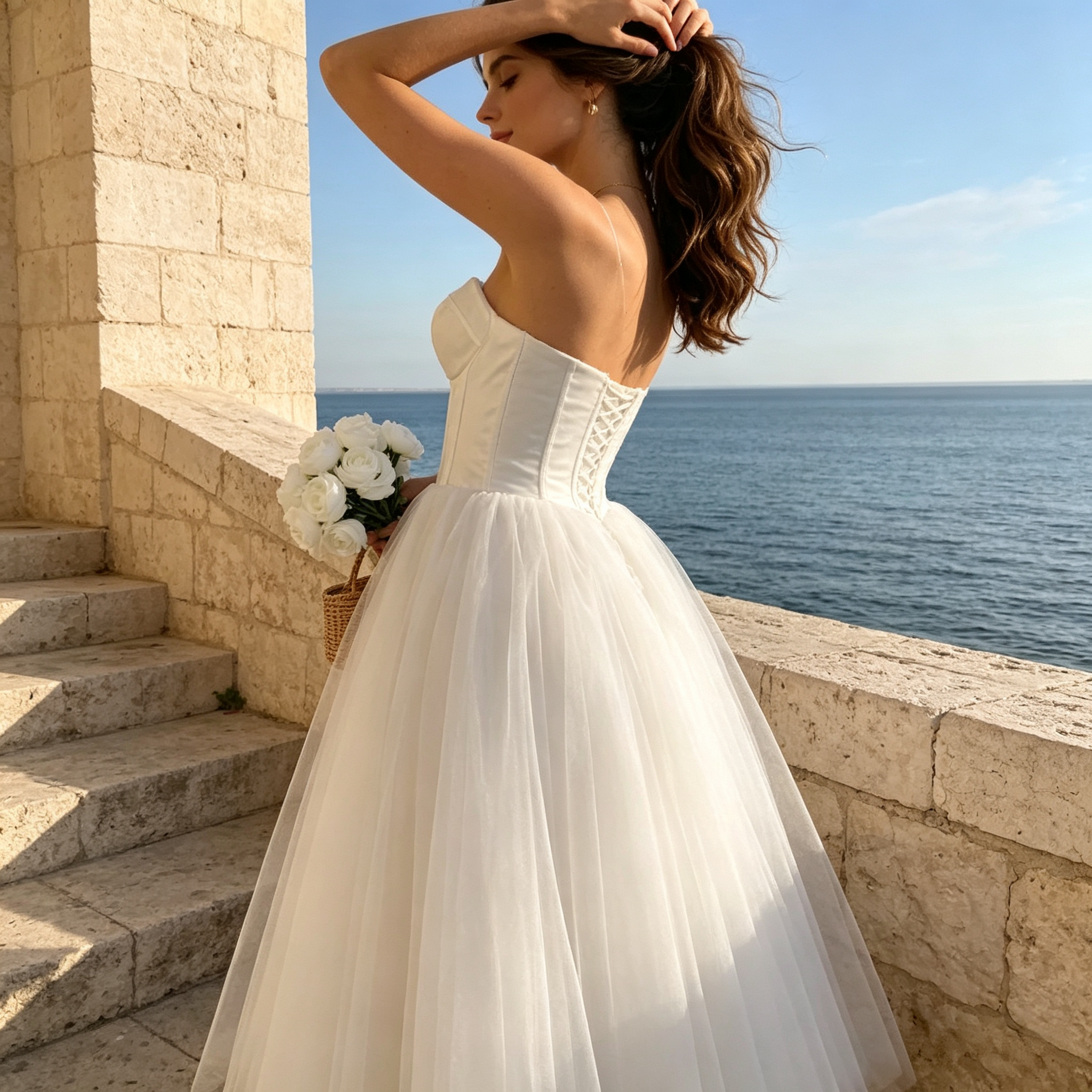 BHstyle Elegantes Damen Midi Festkleid mit Corsagen-Oberteil & Tüllrock – Spaghettiträger, Elfenbein