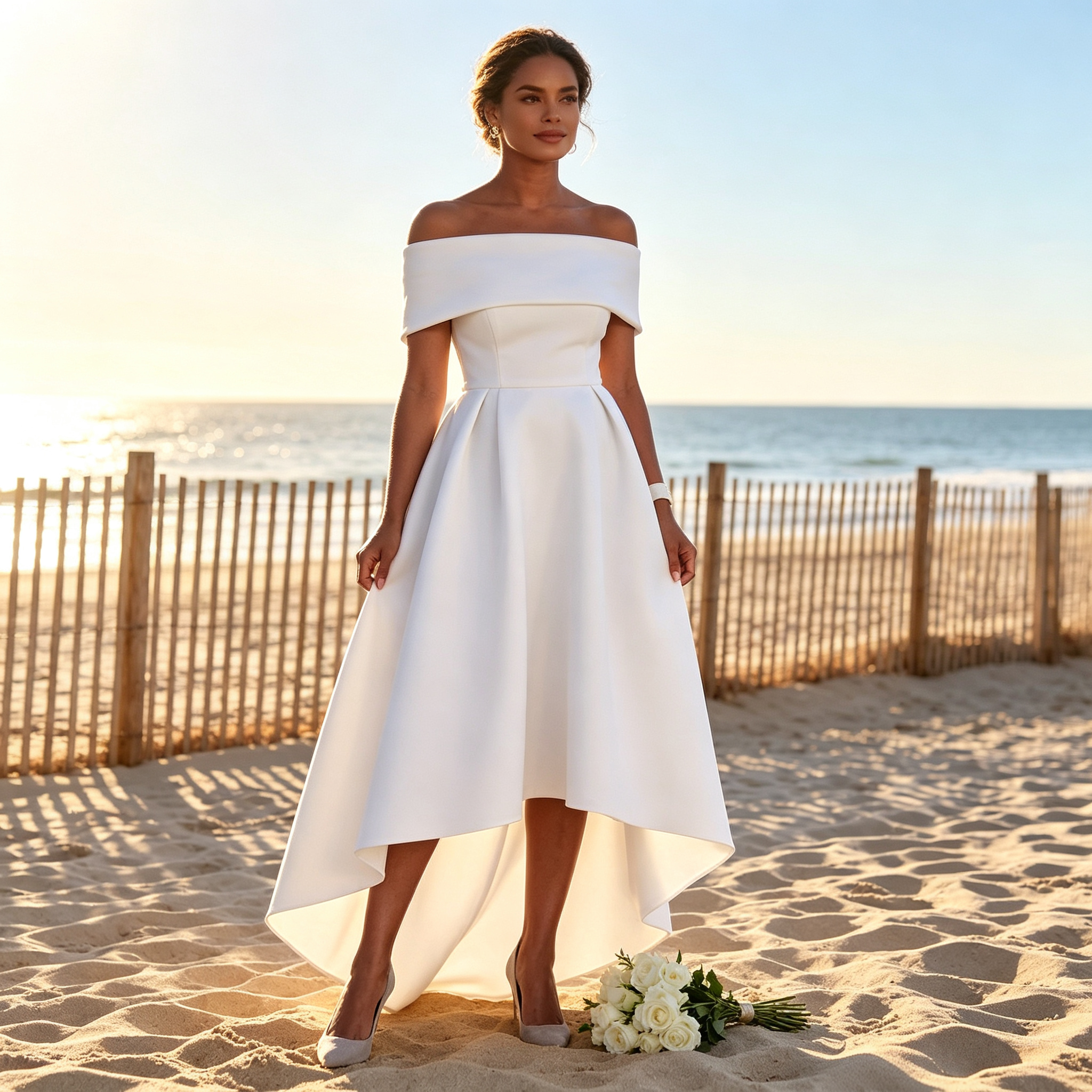 BHstyle Elegantes Damen High-Low Abendkleid mit Schulterfreiem Ausschnitt – Satin-Optik, Weiß