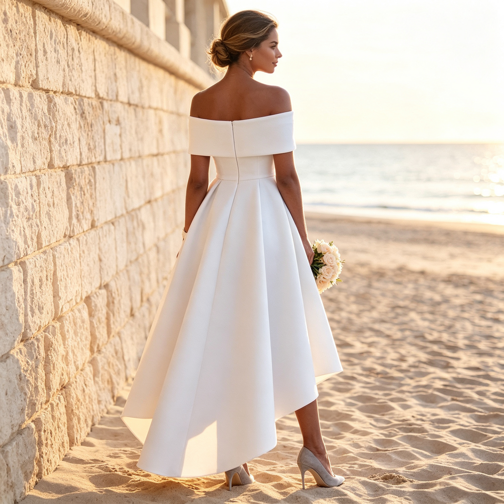 BHstyle Elegantes Damen High-Low Abendkleid mit Schulterfreiem Ausschnitt – Satin-Optik, Weiß