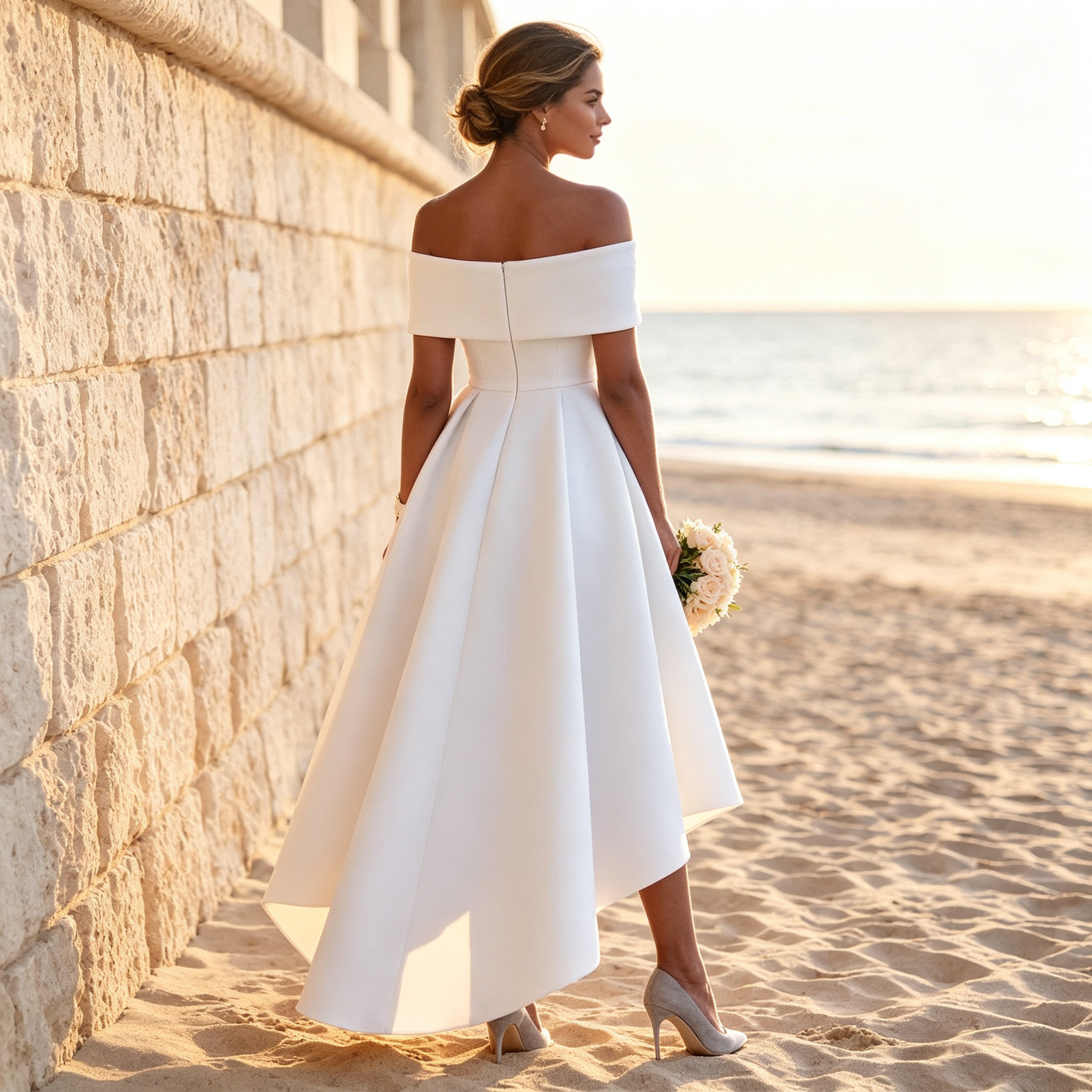 BHstyle Elegantes Damen High-Low Abendkleid mit Schulterfreiem Ausschnitt – Satin-Optik, Weiß