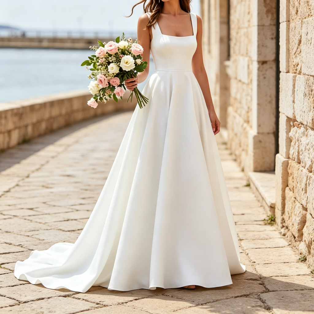 Bodenlanges Abendkleid Weiß mit Eckigem Ausschnitt und Schleppe