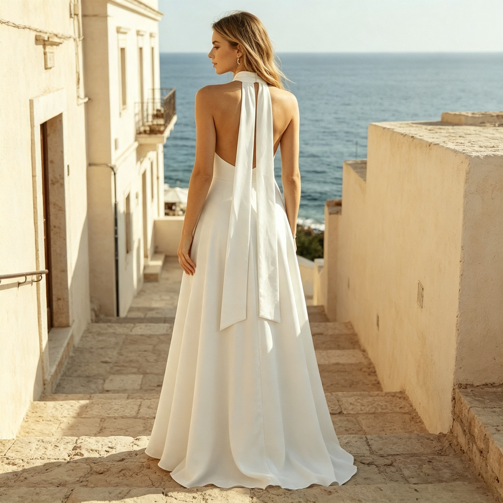 BHstyle Hals trägerloses Maxikleid für Damen, tailliertes festliches Kleid in fließendem Schnitt in Cremeweiß