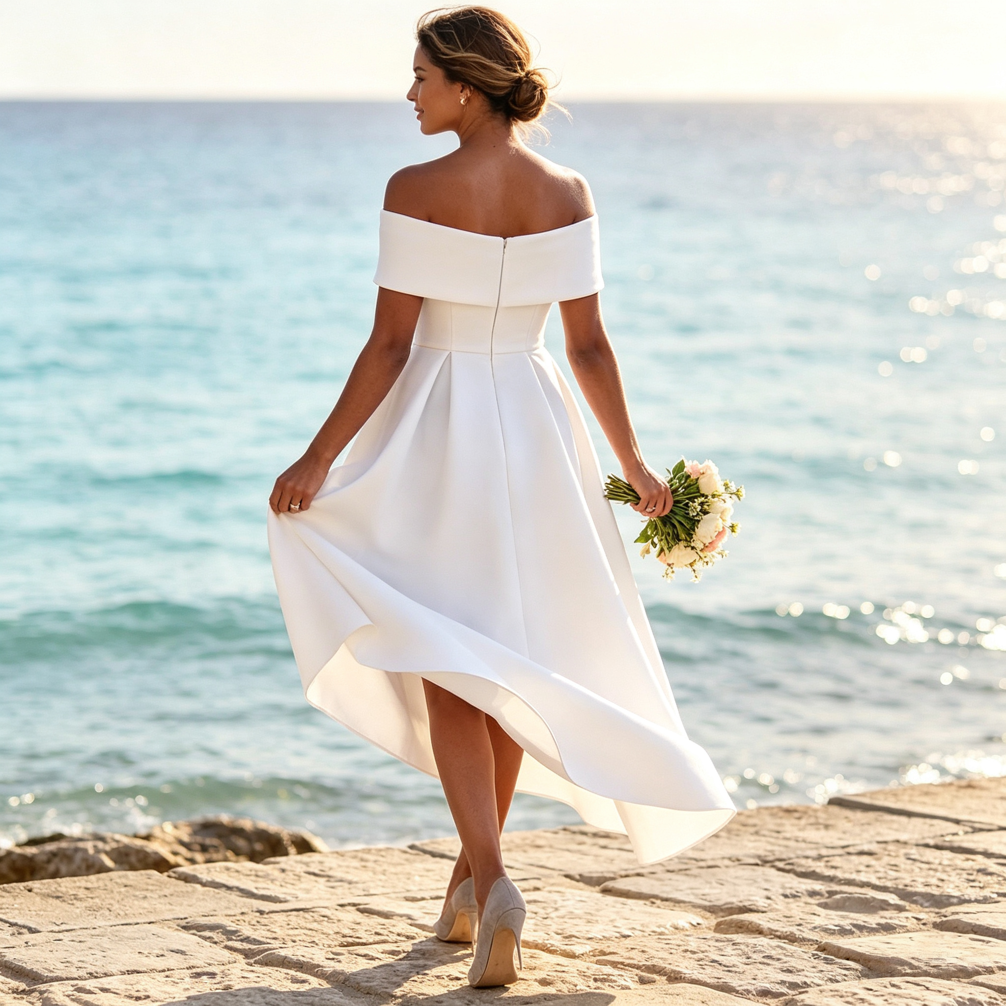 BHstyle Elegantes Damen High-Low Abendkleid mit Schulterfreiem Ausschnitt – Satin-Optik, Weiß