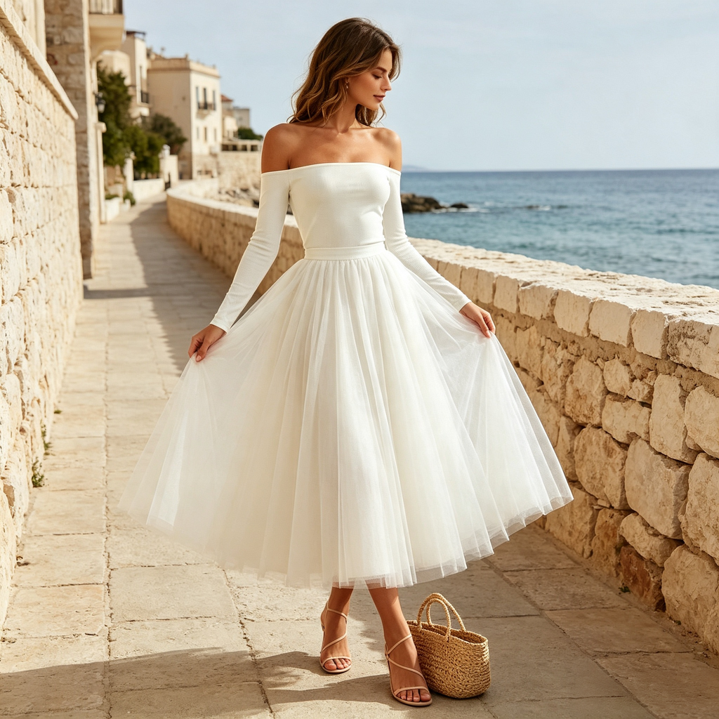 Damen Schulterfreies Midikleid mit Langarm-Lippenstrick und Tüllrock - Weiß