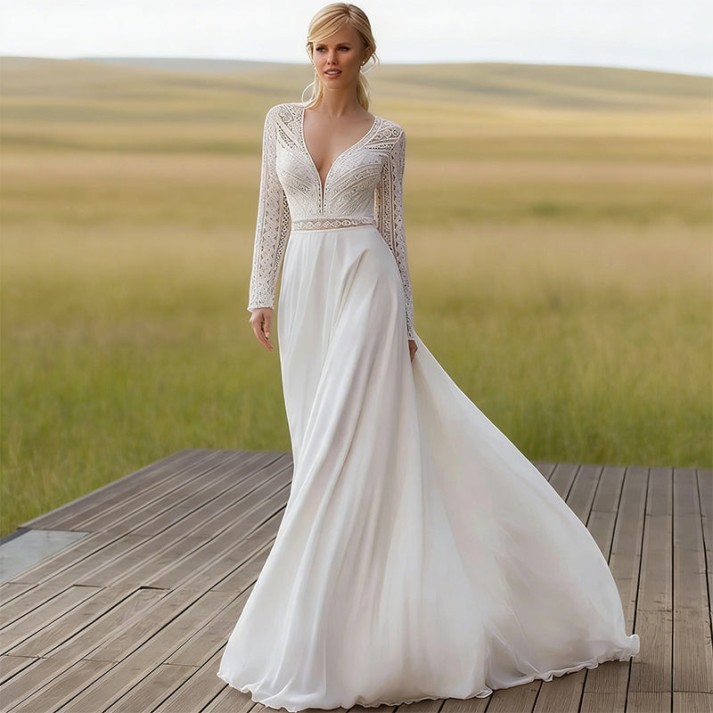 BHstyle Boho-Ball-Gown mit V-Ausschnitt und Spitzenärmeln A-Linien Ballkleid mit geometrischer Spitze 2-26W