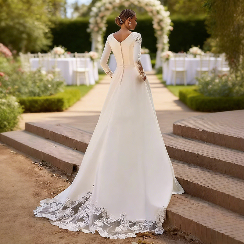 BHstyle Klassisches Satin Ball-Gown mit Spitzenärmeln und Rundhals Ausschnitt Elegantes A Linie Ballkleid 2-26W