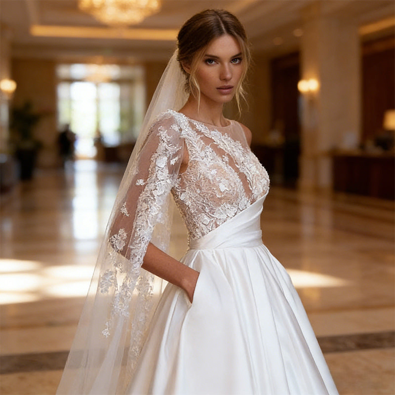 BHstyle Satin Ball-Gowner Prinzessin mit One Shoulder Spitze und Cape A Linie Ballkleid Edel Stickerei Elfenbein 34-44