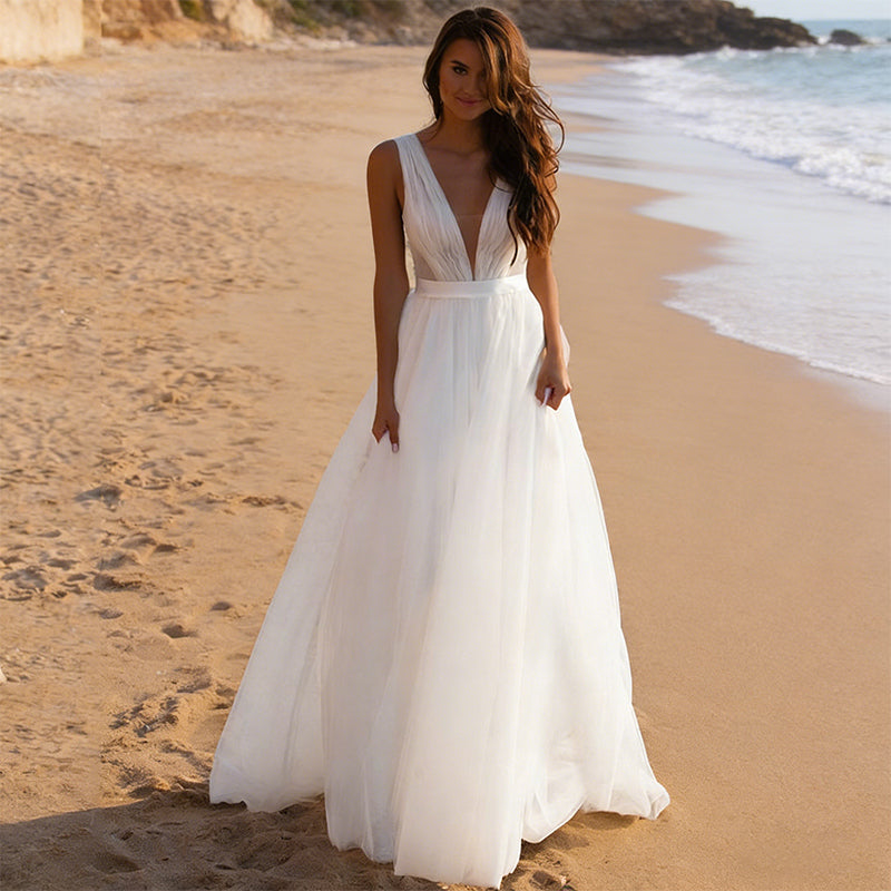BHstyle Strand-Ball-Gown mit V-Ausschnitt und Plissee-Details A-Linie Elegantes Ballkleid aus Tüll Elfenbein S-2XL