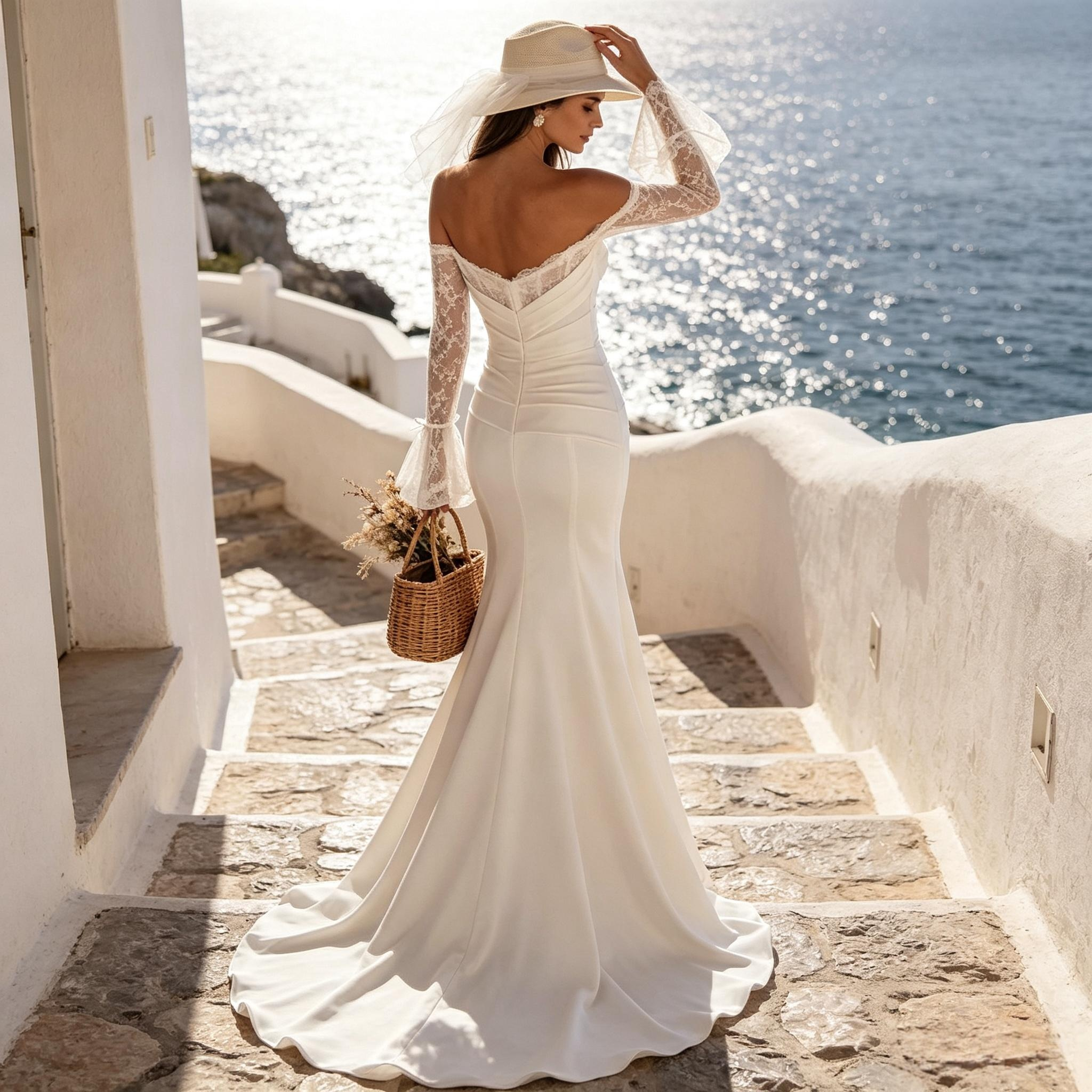 BHstyle Langarm Spitzen Maxikleid Off-Shoulder Figurbetont Weiß Satin Abendkleid mit Schleppe