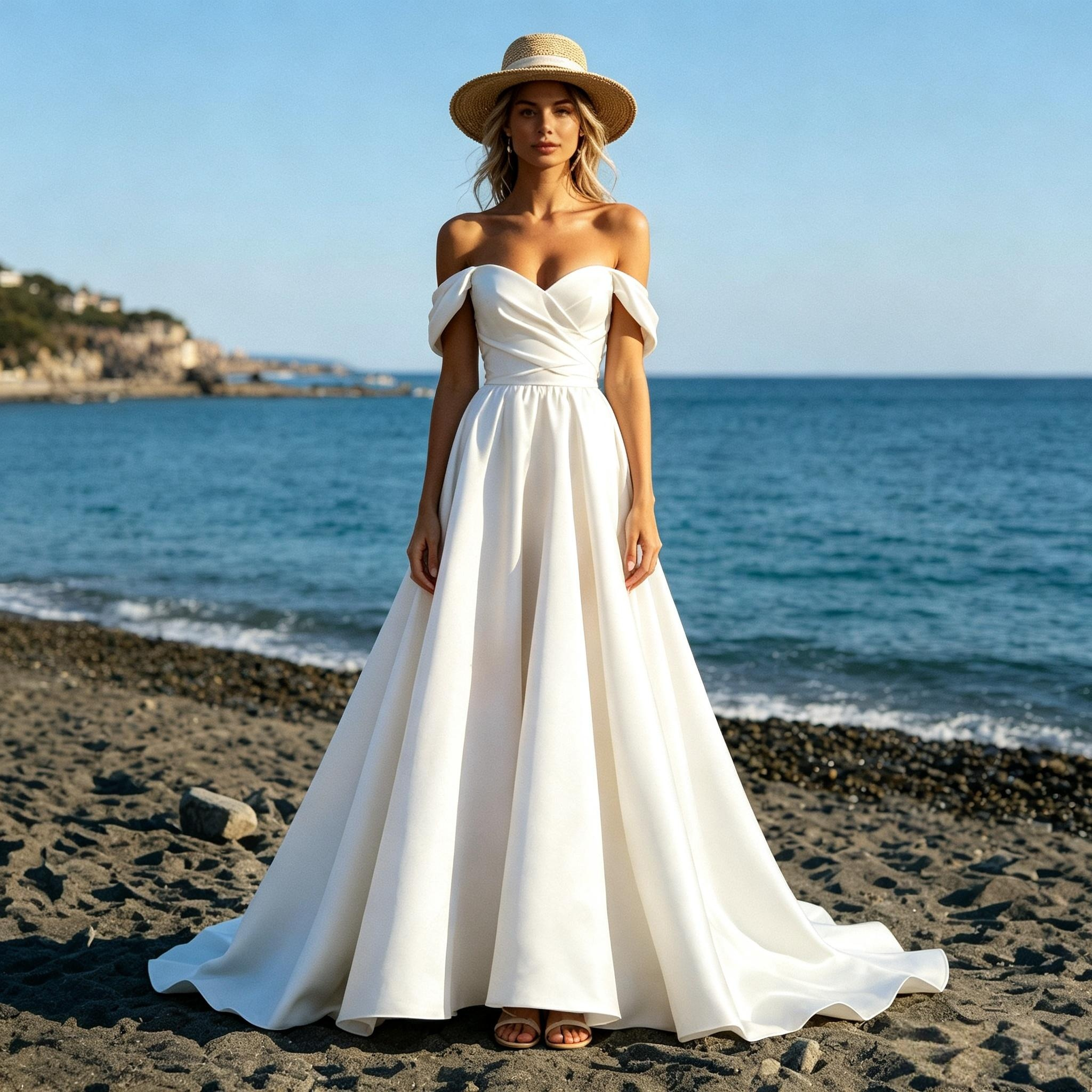 BHstyle Weisses Satin Maxikleid mit herzförmigem off-the-shoulder Ausschnitt, taillenbetonender Wickeloberteil, fließender Bodenlangrock mit Schleppe für Strand-Fotoshootings & festliche Anlässe