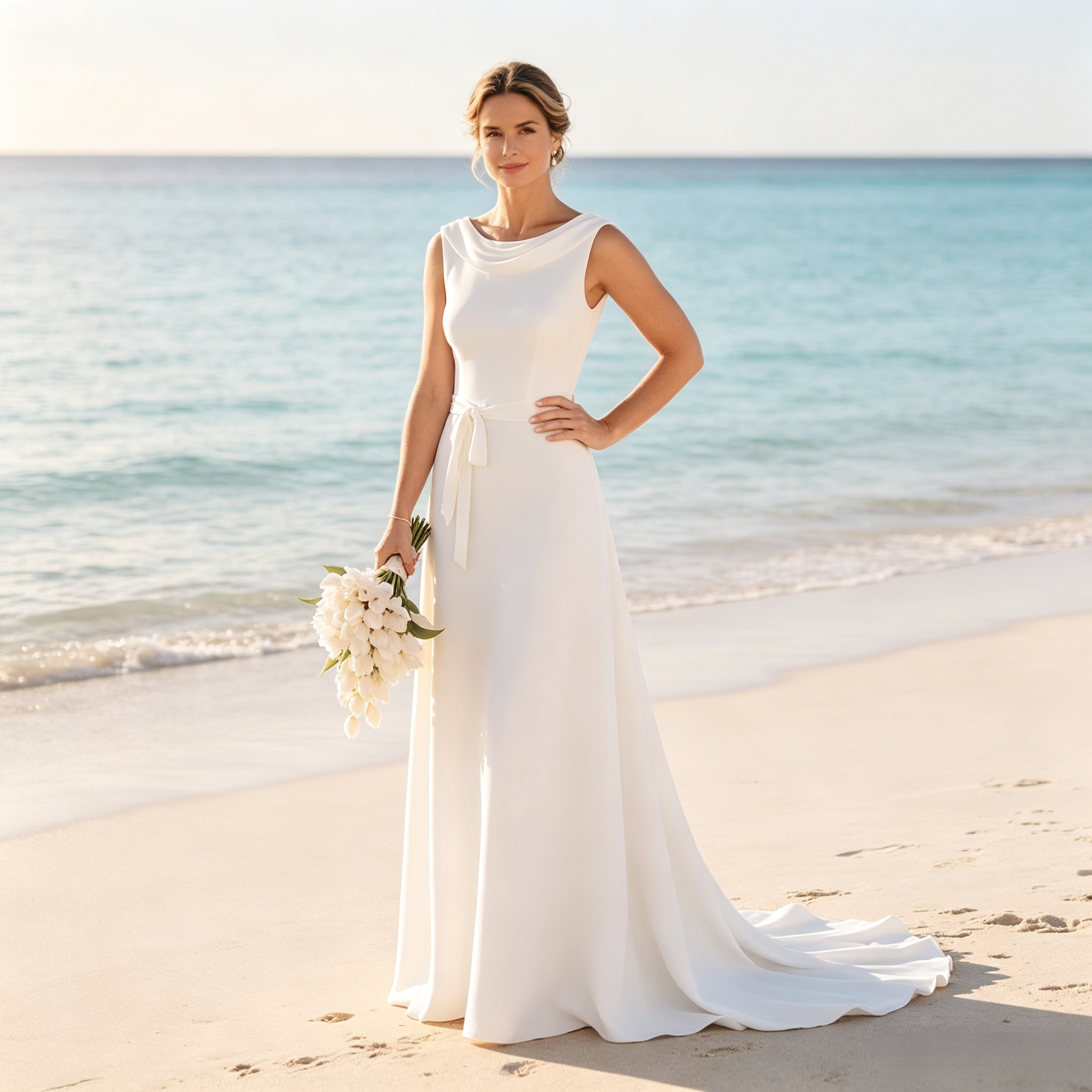 BHstyle Elegantes Damen Bodenlanges Abendkleid mit Wasserfallausschnitt & Bindegürtel