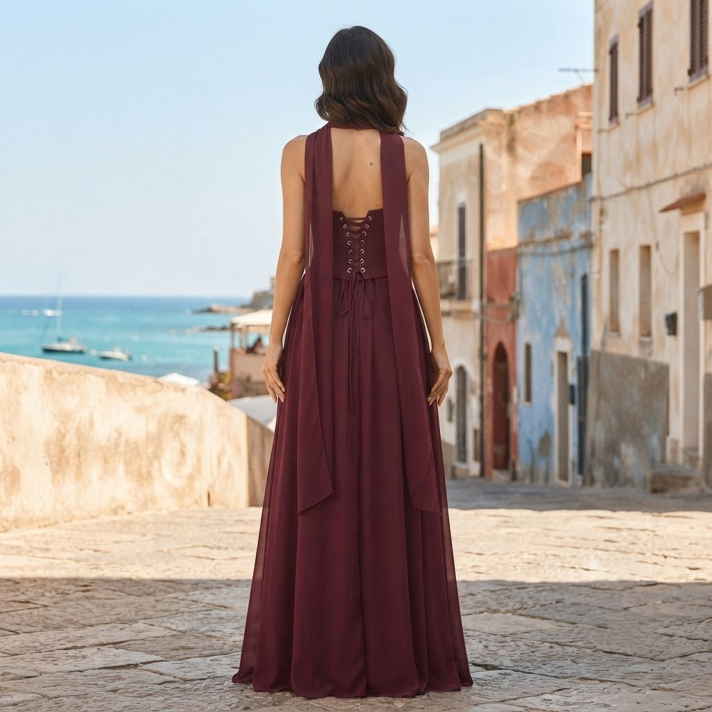BHstyle schulterloses festliches Maxikleid mit Kordelrücken für formelle Anlässe Damen