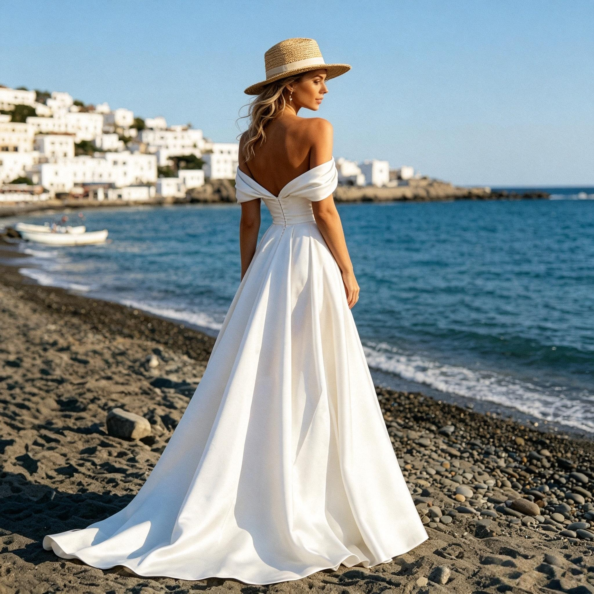 BHstyle Weisses Satin Maxikleid mit herzförmigem off-the-shoulder Ausschnitt, taillenbetonender Wickeloberteil, fließender Bodenlangrock mit Schleppe für Strand-Fotoshootings & festliche Anlässe