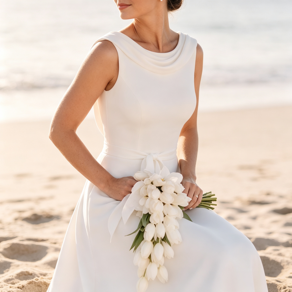 BHstyle Elegantes Damen Bodenlanges Abendkleid mit Wasserfallausschnitt & Bindegürtel