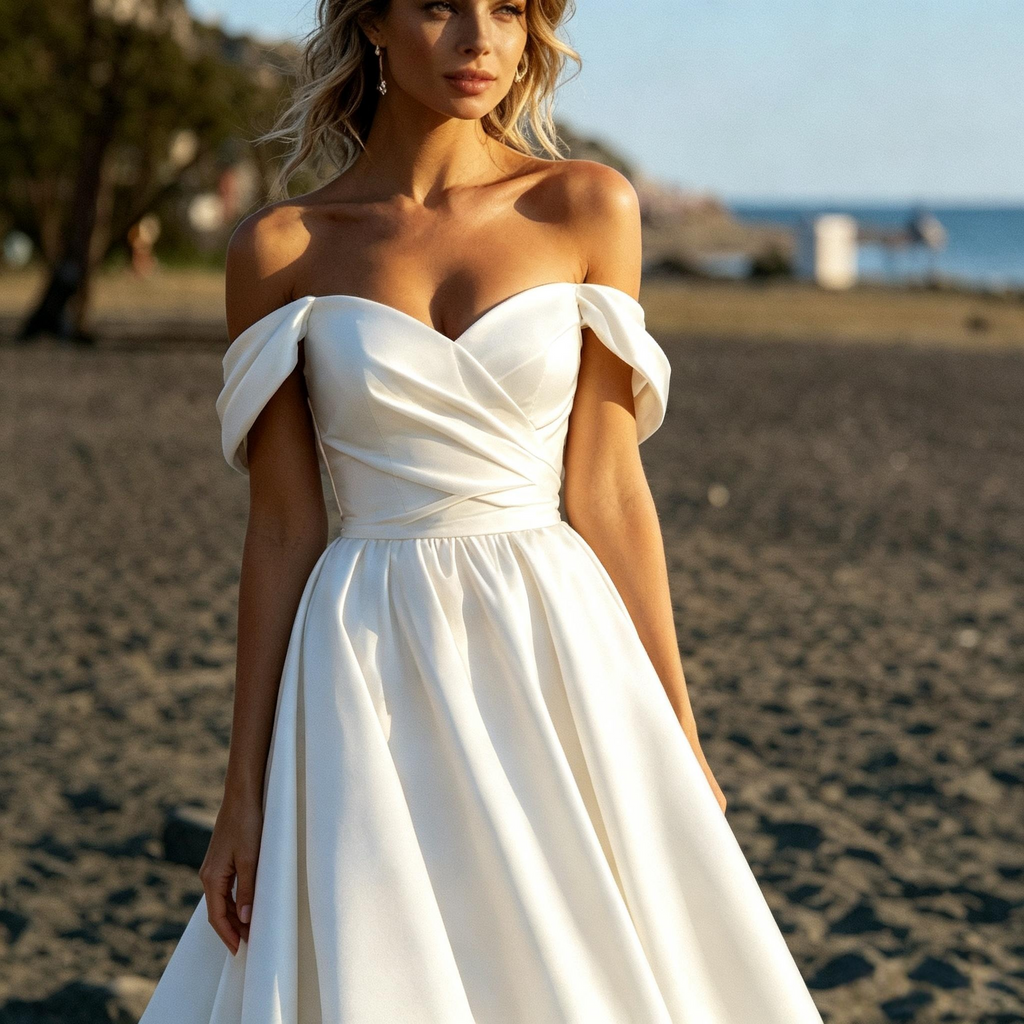 BHstyle Weisses Satin Maxikleid mit herzförmigem off-the-shoulder Ausschnitt, taillenbetonender Wickeloberteil, fließender Bodenlangrock mit Schleppe für Strand-Fotoshootings & festliche Anlässe