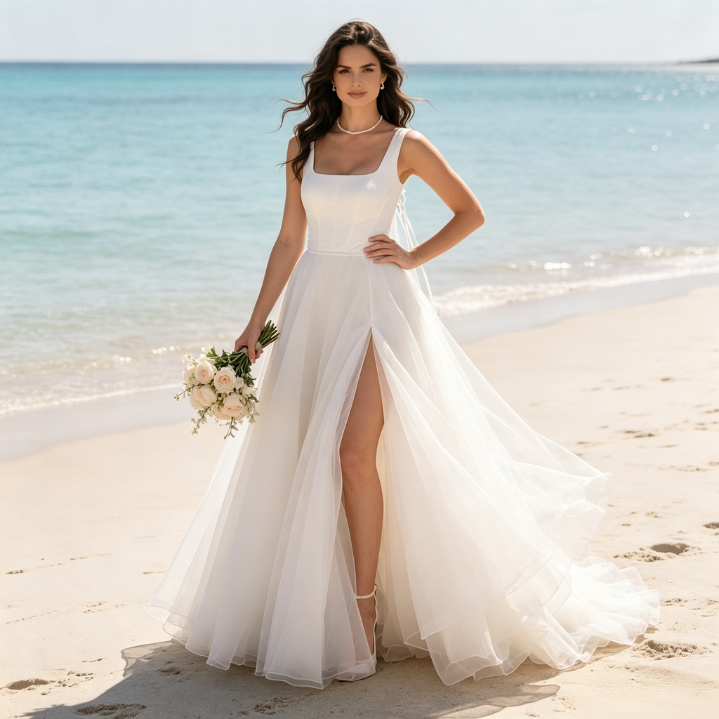 BHstyle Elegantes Damen Bodenlanges Abendkleid mit Eckigem Ausschnitt & Beinschlitz – Tüllrock, Weiß