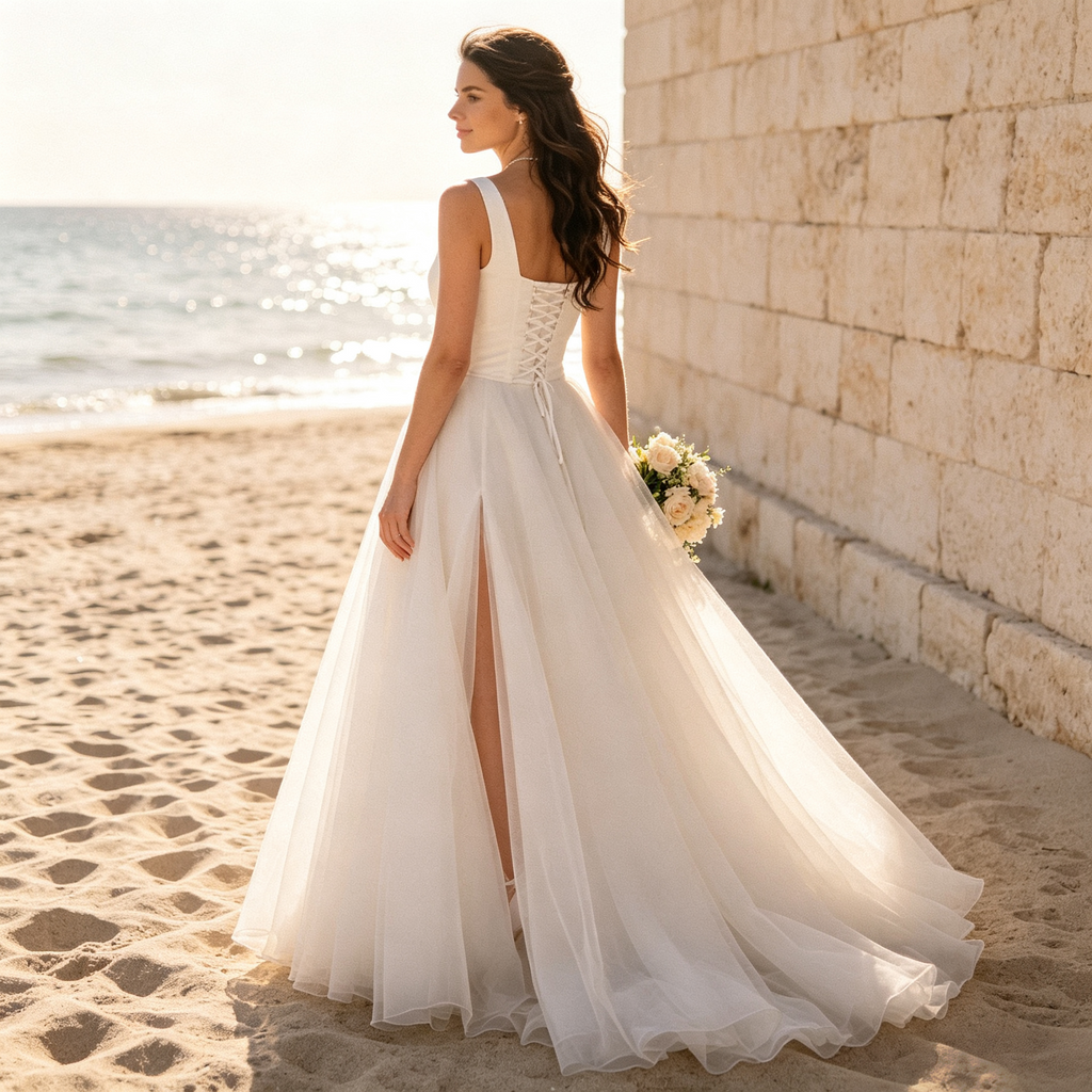 BHstyle Elegantes Damen Bodenlanges Abendkleid mit Eckigem Ausschnitt & Beinschlitz – Tüllrock, Weiß