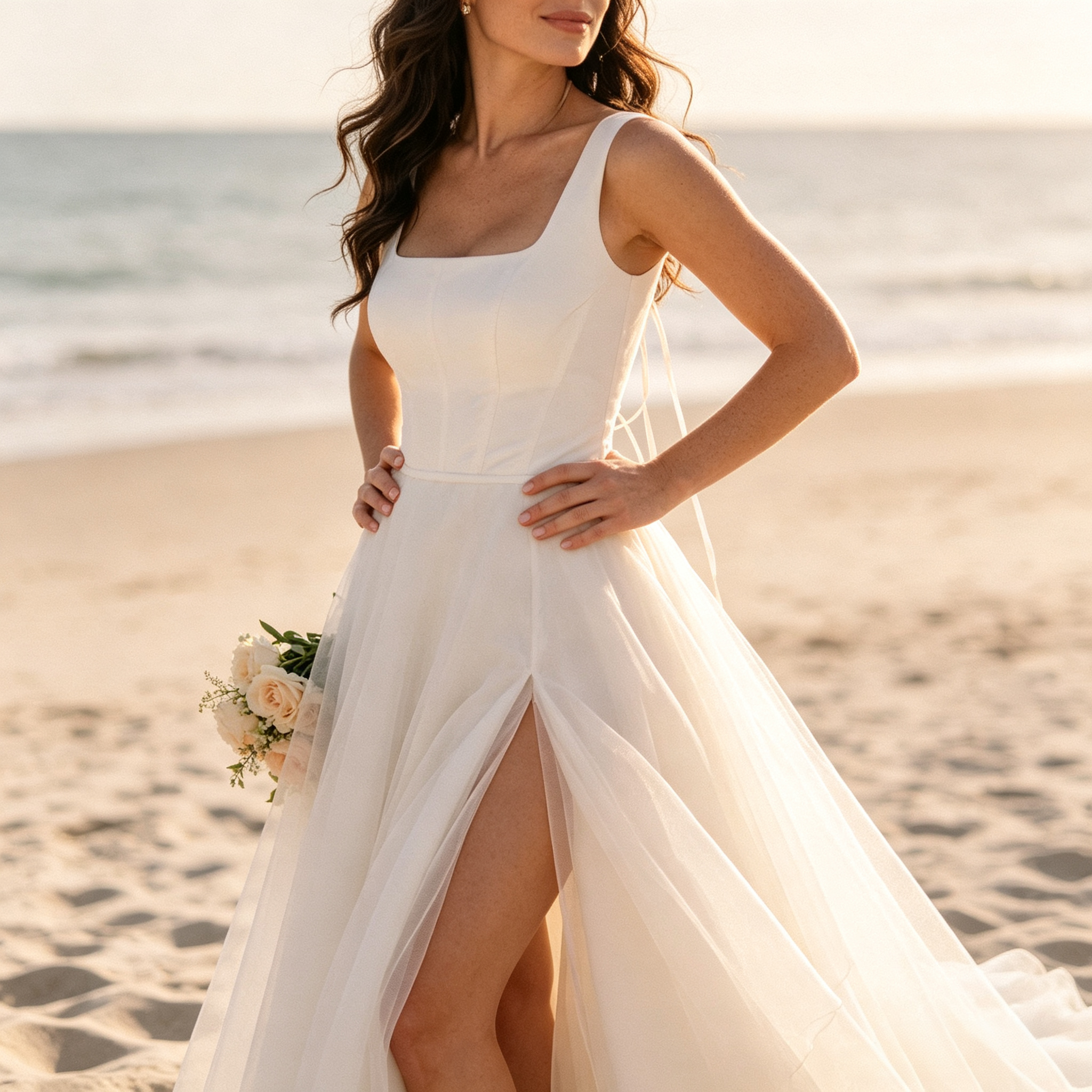 BHstyle Elegantes Damen Bodenlanges Abendkleid mit Eckigem Ausschnitt & Beinschlitz – Tüllrock, Weiß