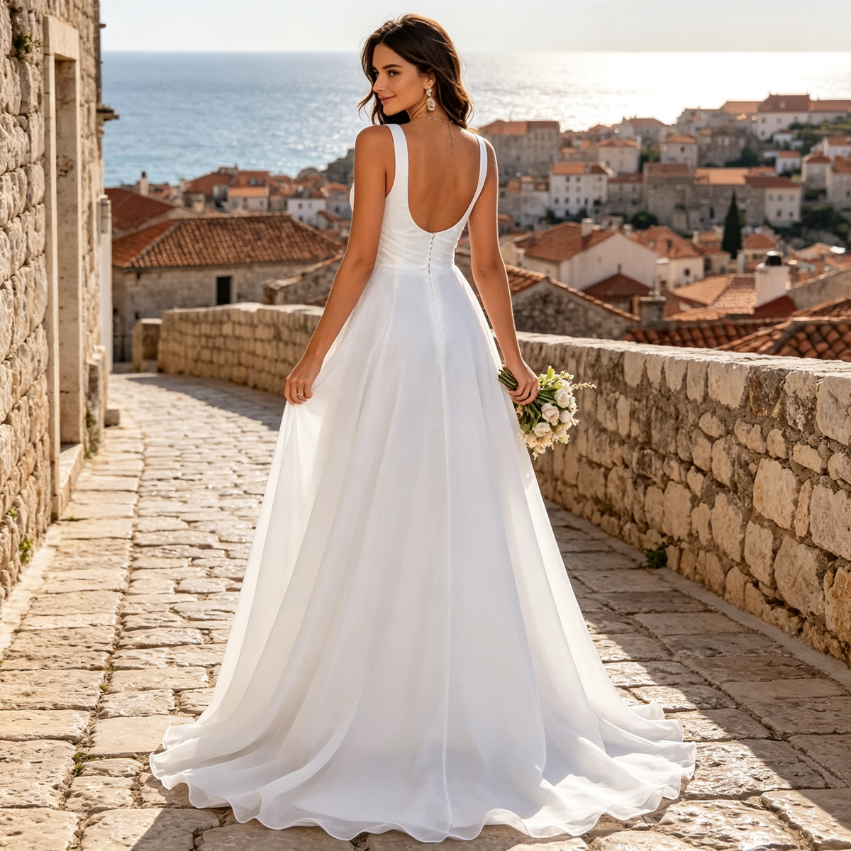 Damen Maxikleid mit Breiten Trägern, Drapiertem Mieder & A-Linien-Schleppe – Weiß