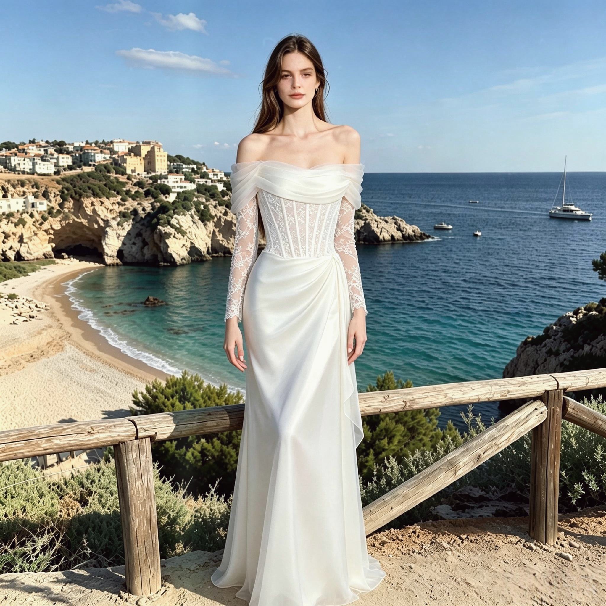 BHstyle Eleganter Lang-Kleid aus Satin mit Spitzenärmeln, schulterfreies Korsagenoberteil, figurbetontes Abendkleid für festliche Anlässe