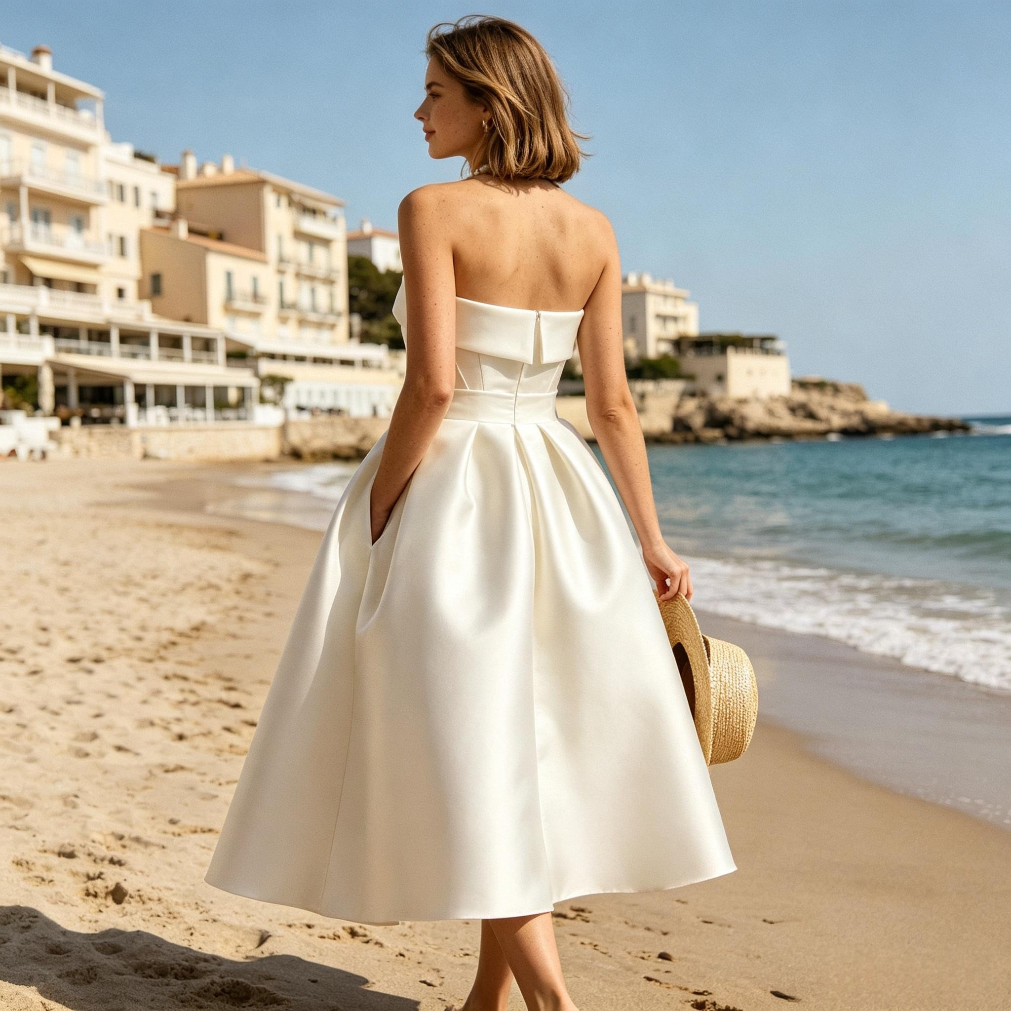 BHstyle Weißes SatinBHstyle Midikleid Damen Trägerkleid mit Taillenbund, Faltenrock mit Seitentaschen, edles Abendoutfit