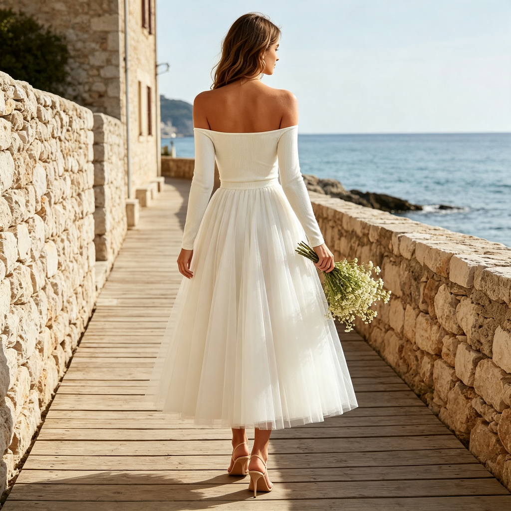 Damen Schulterfreies Midikleid mit Langarm-Lippenstrick und Tüllrock - Weiß