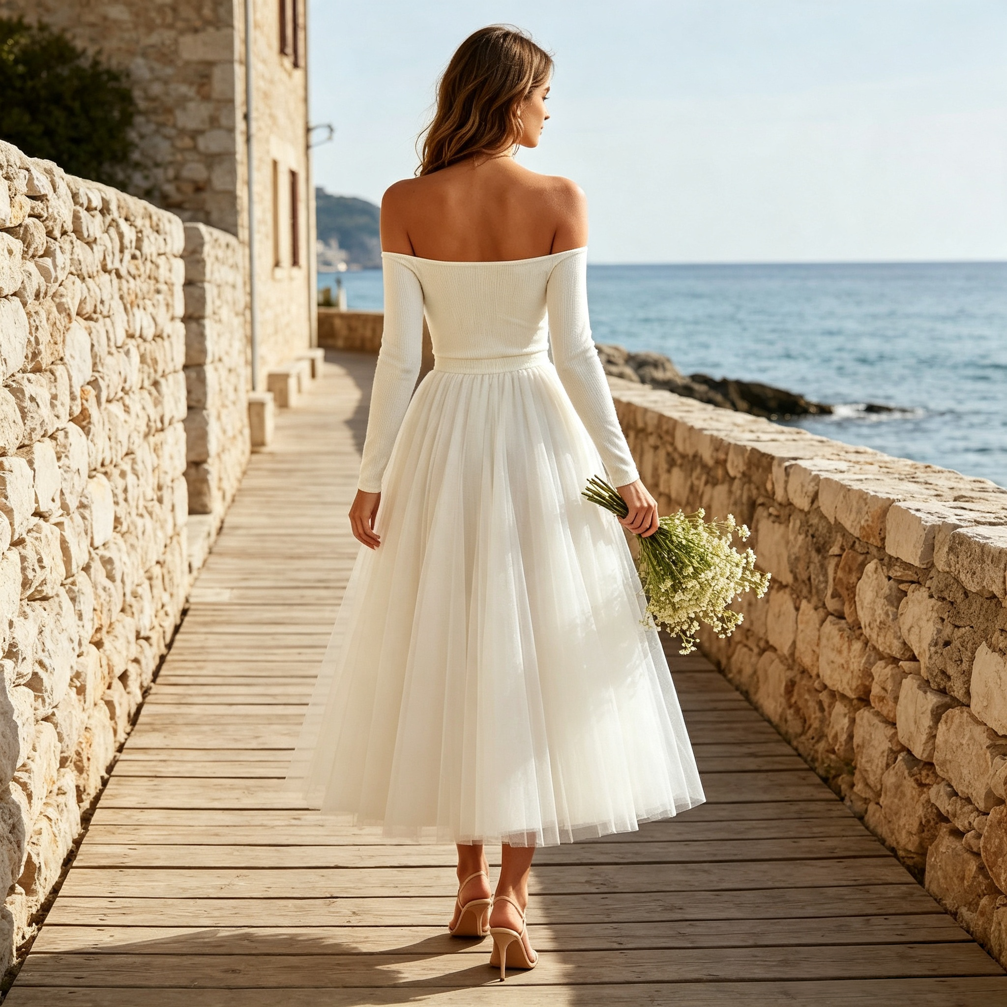 Damen Schulterfreies Midikleid mit Langarm-Lippenstrick und Tüllrock - Weiß