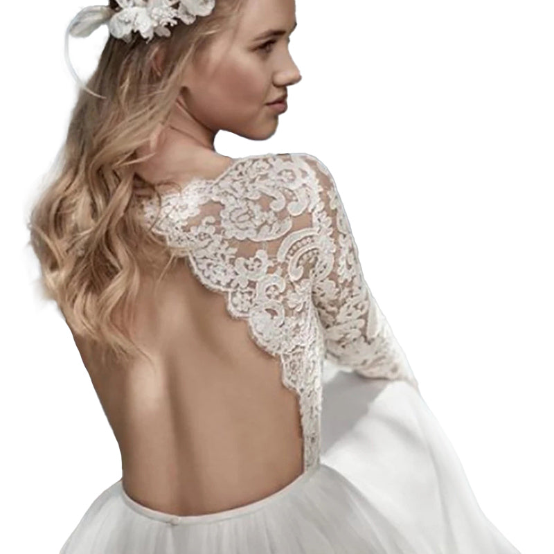BHstyle Elegantes Boho Ball-Gown Langarm Spitze Chiffon Weiss 34-46