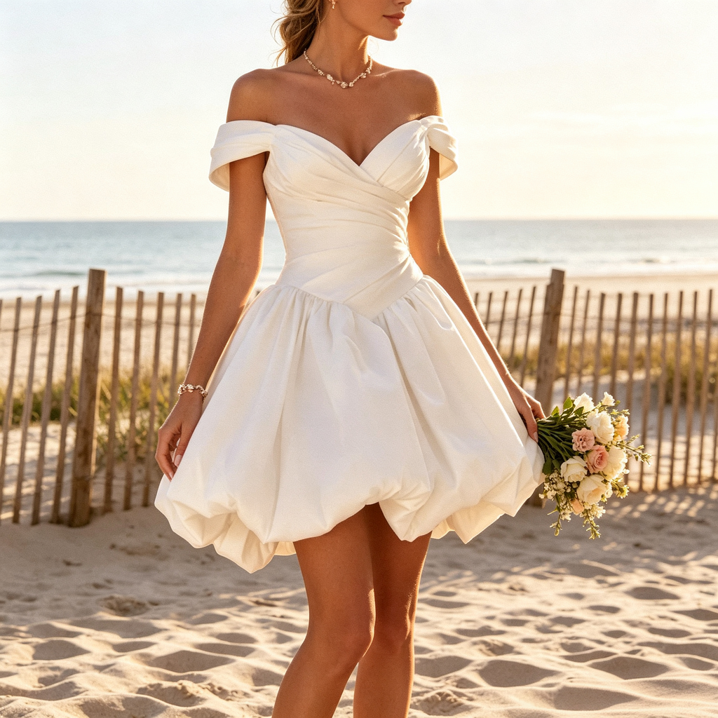 BHstyle Elegantes Damen Kurzes Abendkleid mit Off-Shoulder Ausschnitt & Ballonrock