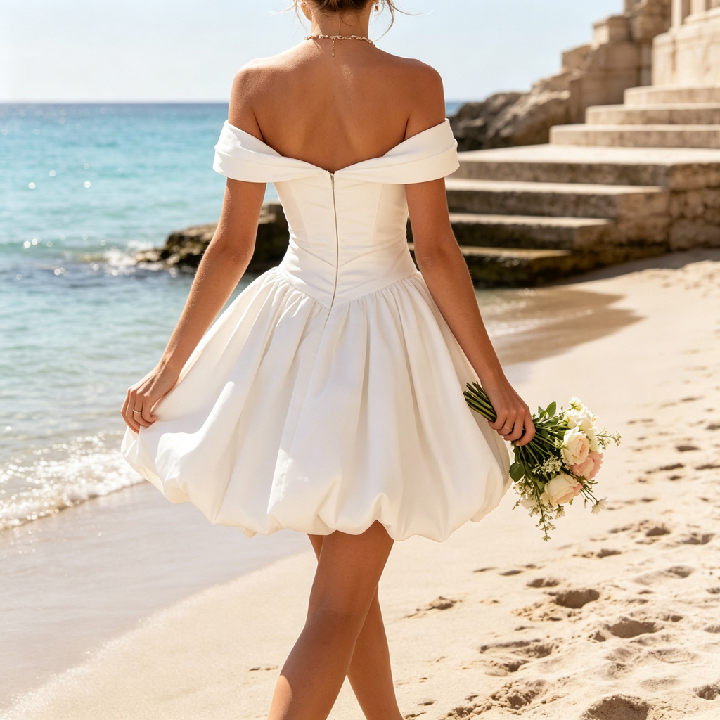 BHstyle Elegantes Damen Kurzes Abendkleid mit Off-Shoulder Ausschnitt & Ballonrock