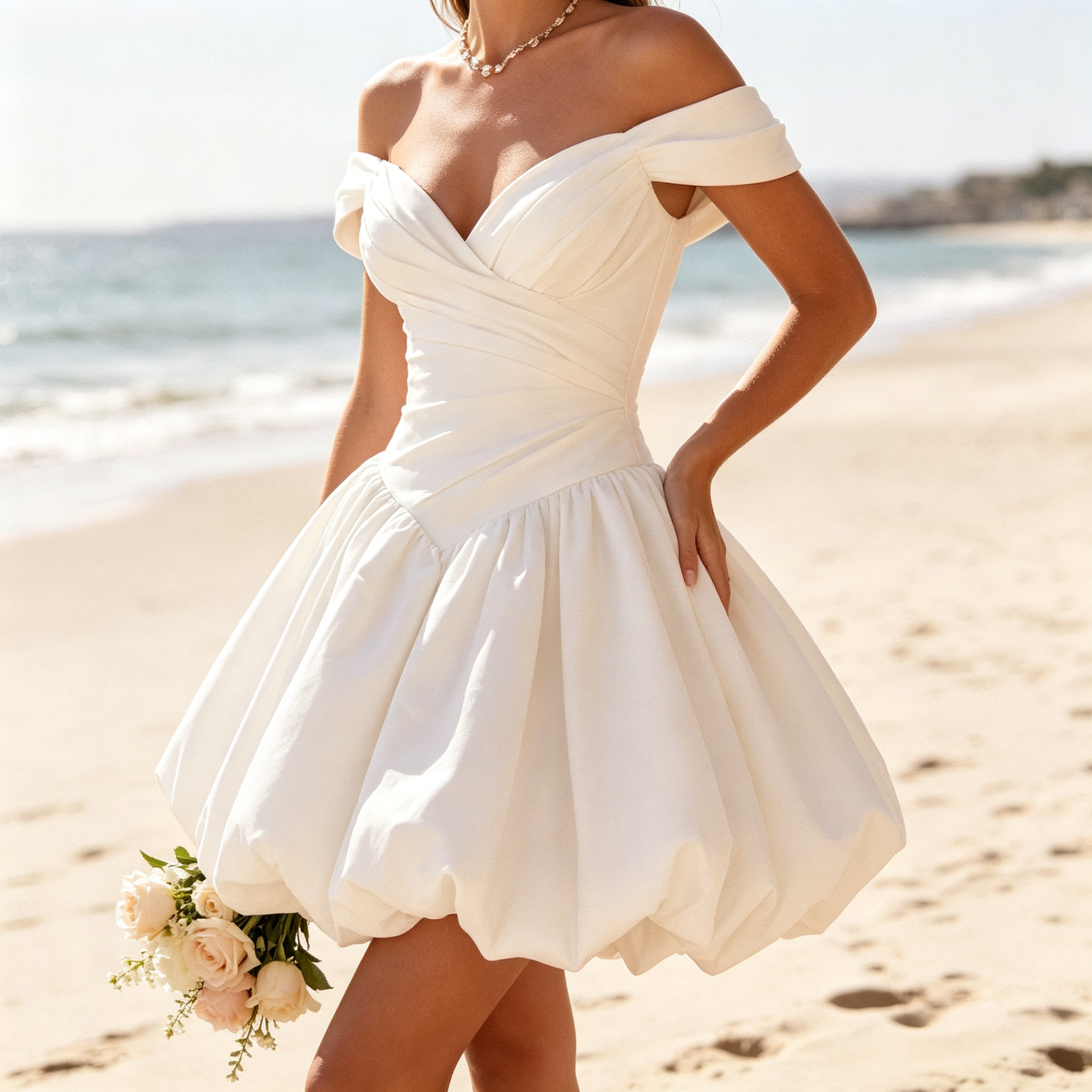 BHstyle Elegantes Damen Kurzes Abendkleid mit Off-Shoulder Ausschnitt & Ballonrock