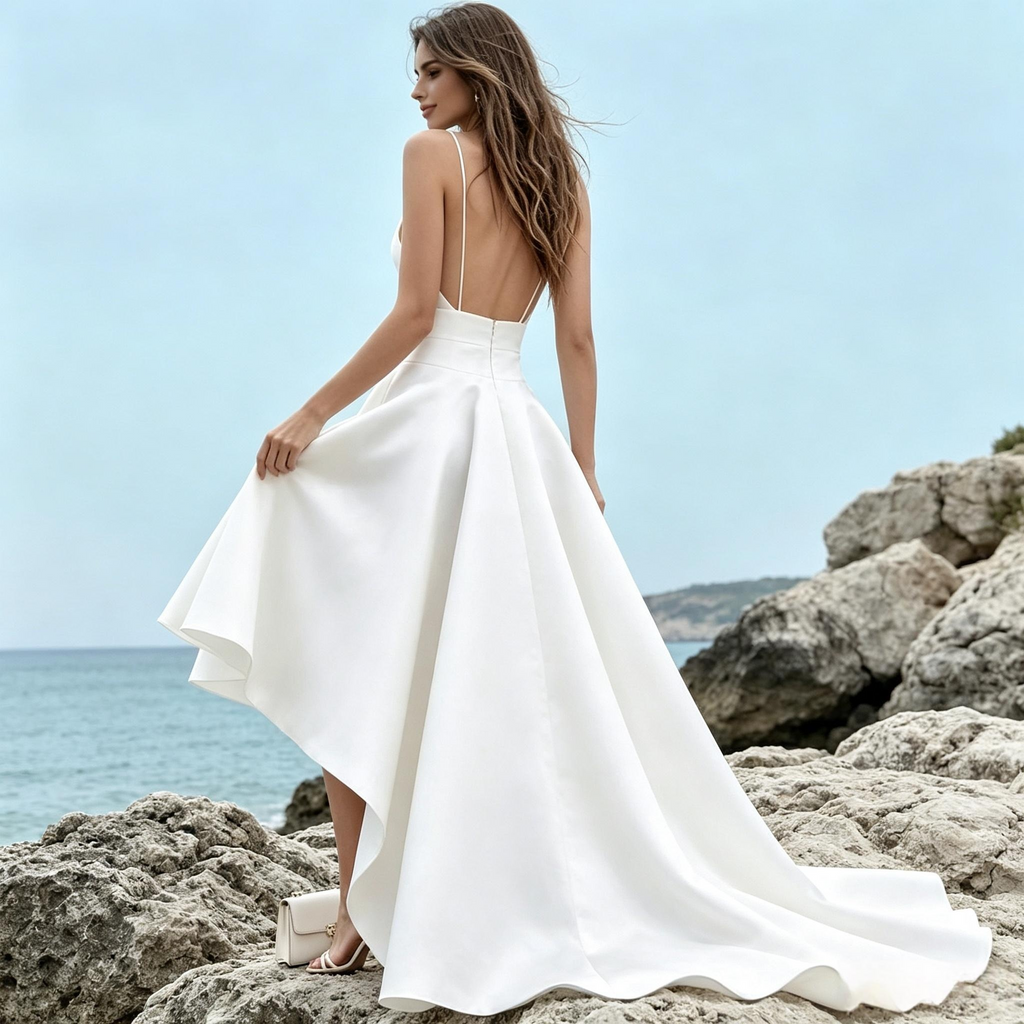 BHstyle Dünnträger Satin Kleid mit V-Ausschnitt, asymmetrischem Rock & offenem Rücken