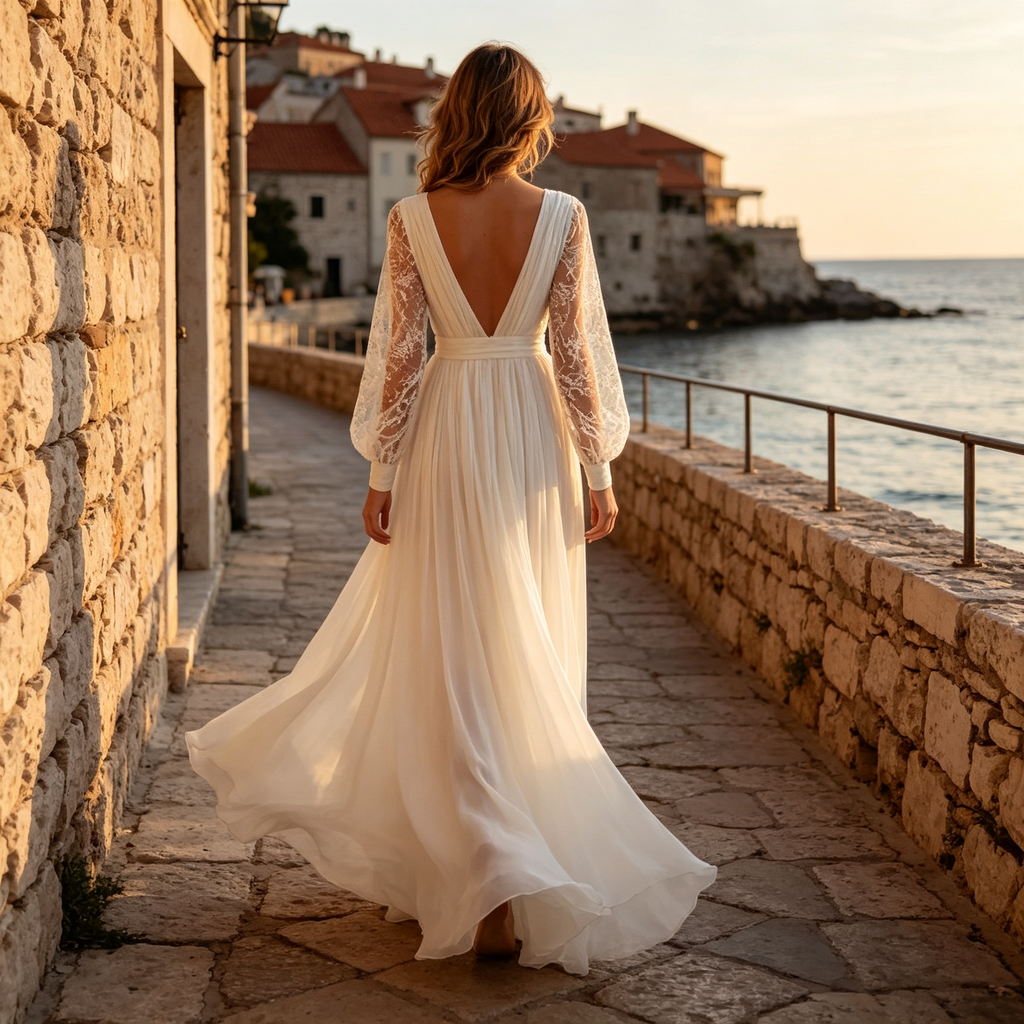 Elegantes Maxikleid mit Tiefem V-Ausschnitt, Spitzenärmeln & Hohem Beinschlitz in Weiß