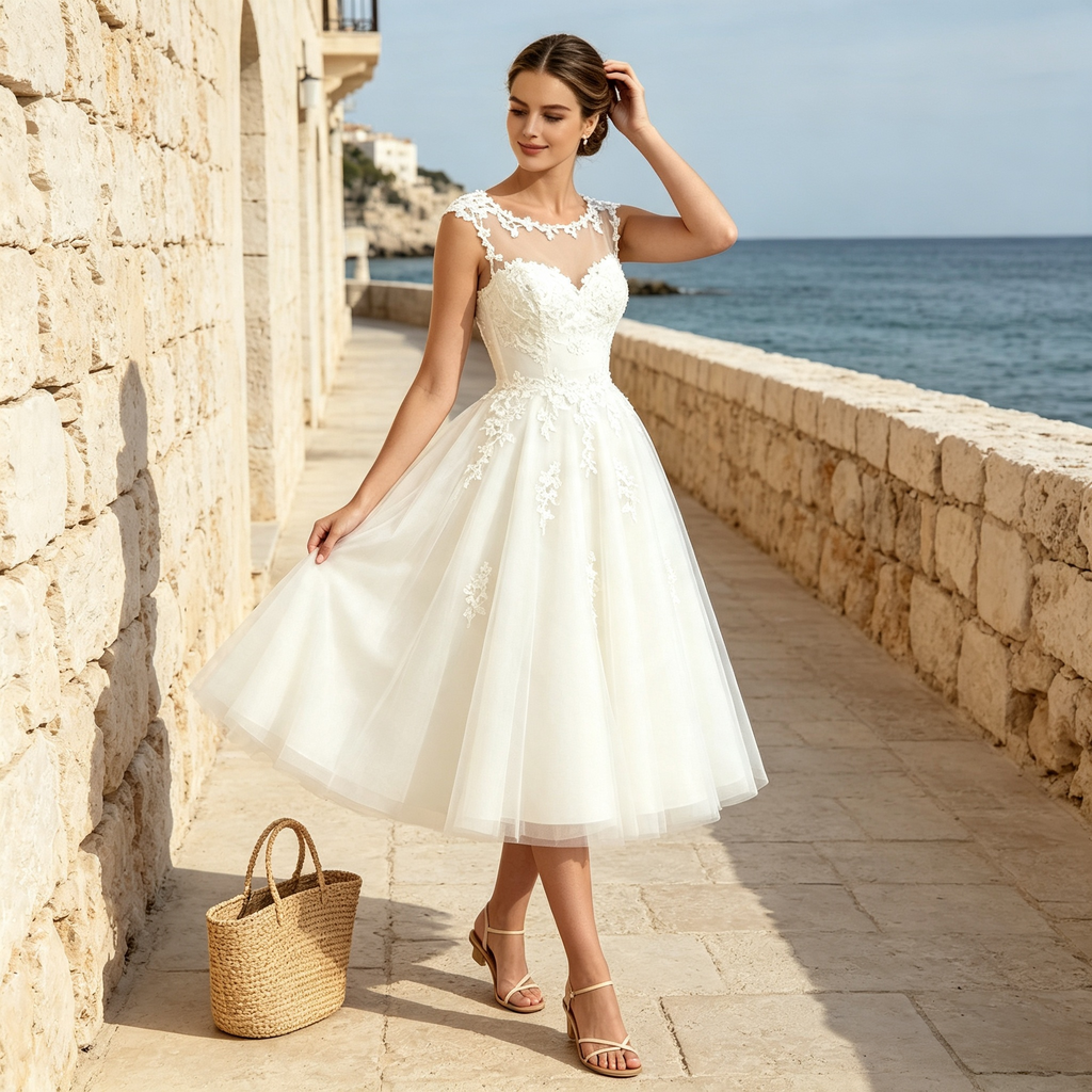 Damen Midikleid mit Ärmelloser Applikations-Spitze, Illusion-Ausschnitt und Tüllrock - Weiß