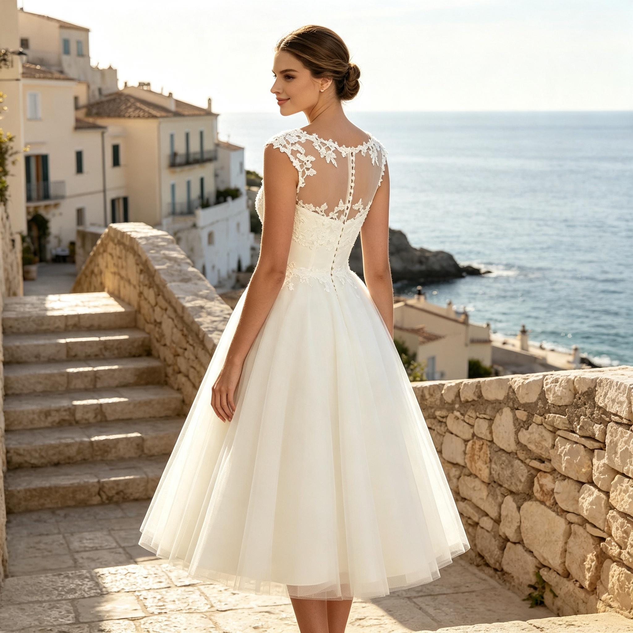 Damen Midikleid mit Ärmelloser Applikations-Spitze, Illusion-Ausschnitt und Tüllrock - Weiß