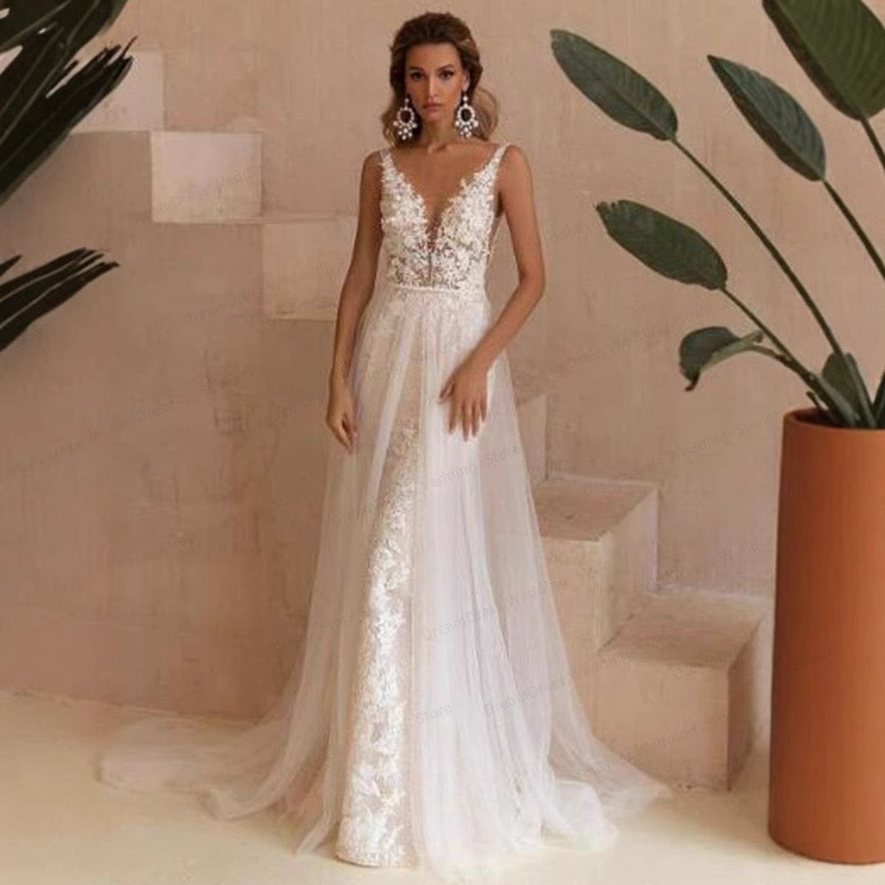 BHstyle Sexy Meerjungfrau Ball-Gown mit Spitze Rückenfrei Ballkleid mit tiefem V Ausschnitt Flare Ball-Gown für 2-26W