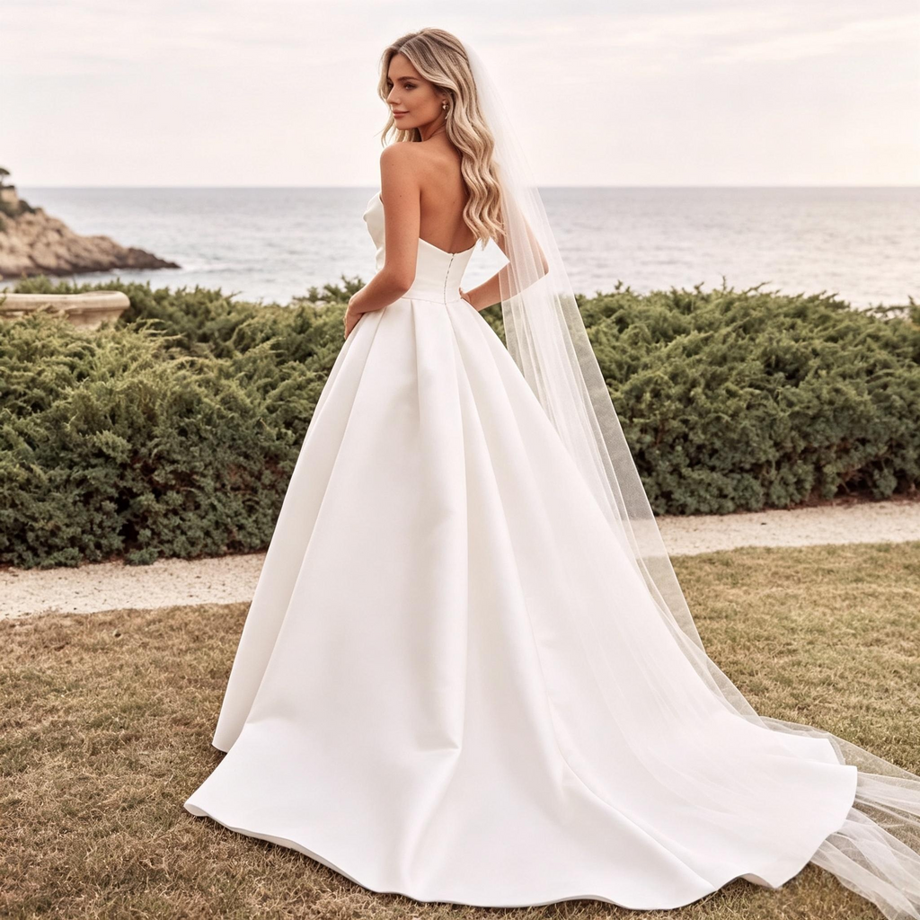 BHstyle Weißes Satin Abendkleid mit Trägerlosem Herzausschnitt, Hoher Schlitz & Langem Schleppenrock, Elegantes Festoutfit für Feierlichkeiten
