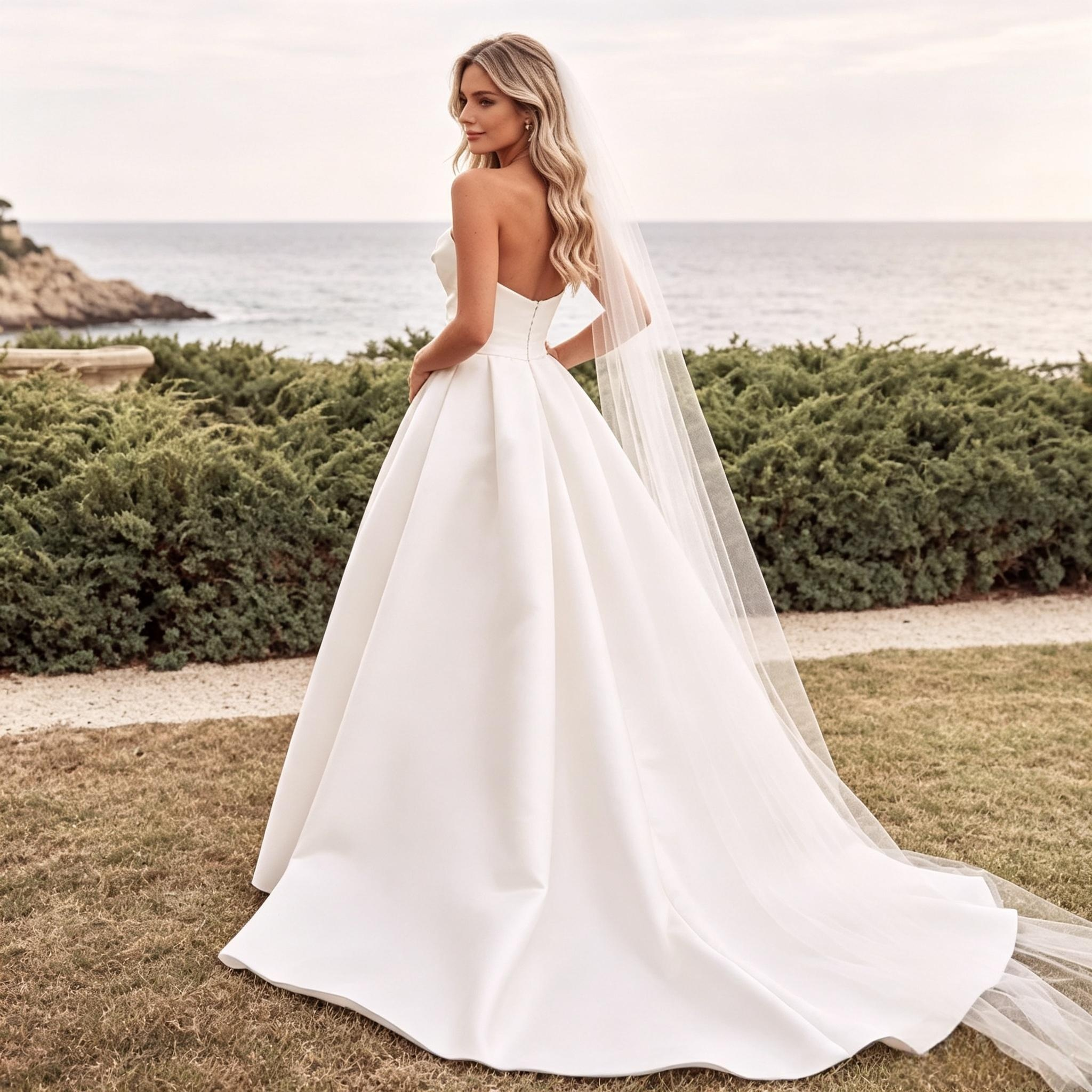 BHstyle Weißes Satin Abendkleid mit Trägerlosem Herzausschnitt, Hoher Schlitz & Langem Schleppenrock, Elegantes Festoutfit für Feierlichkeiten