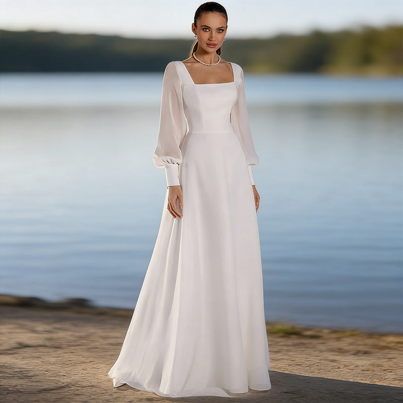 BHstyle Ball-Gown A Linie Weiß Langarm Quadratischer Ausschnitt Ballkleid Chiffon Bodenlang Modern Boho 32-56