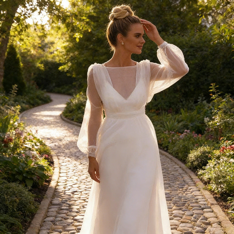 BHstyle Ball-Gown in A-Linie mit Illusions-Ausschnitt – Bodenlanges Ballkleid mit Tüllärmeln und Fall 32-42
