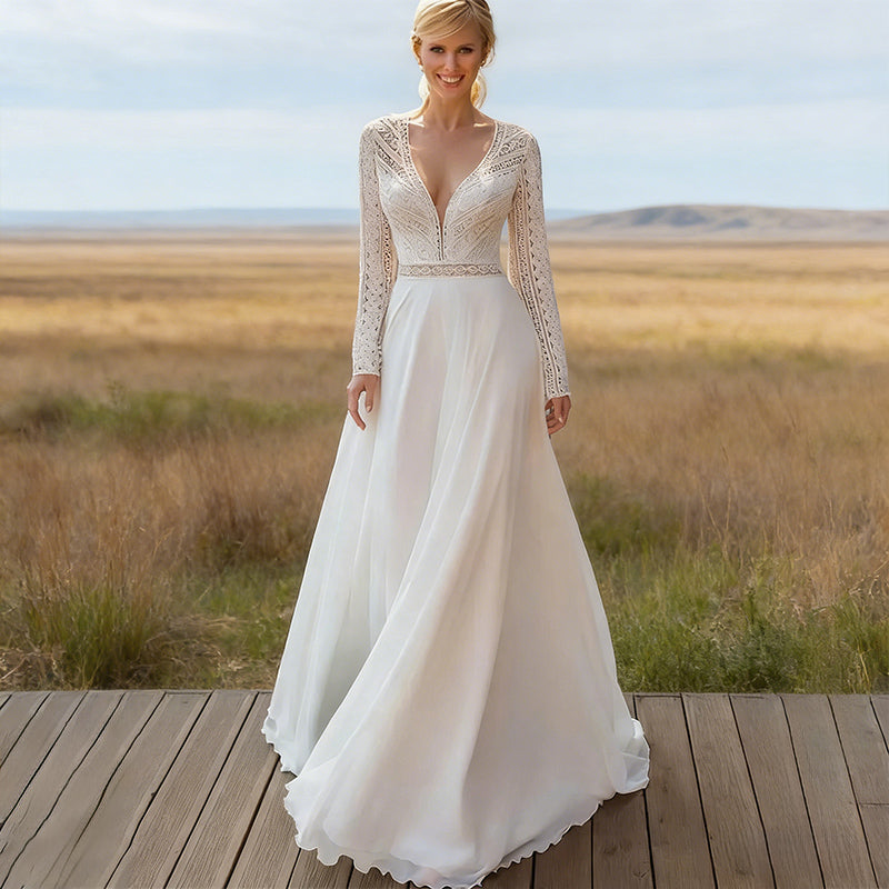 BHstyle Boho-Ball-Gown mit V-Ausschnitt und Spitzenärmeln A-Linien Ballkleid mit geometrischer Spitze 2-26W